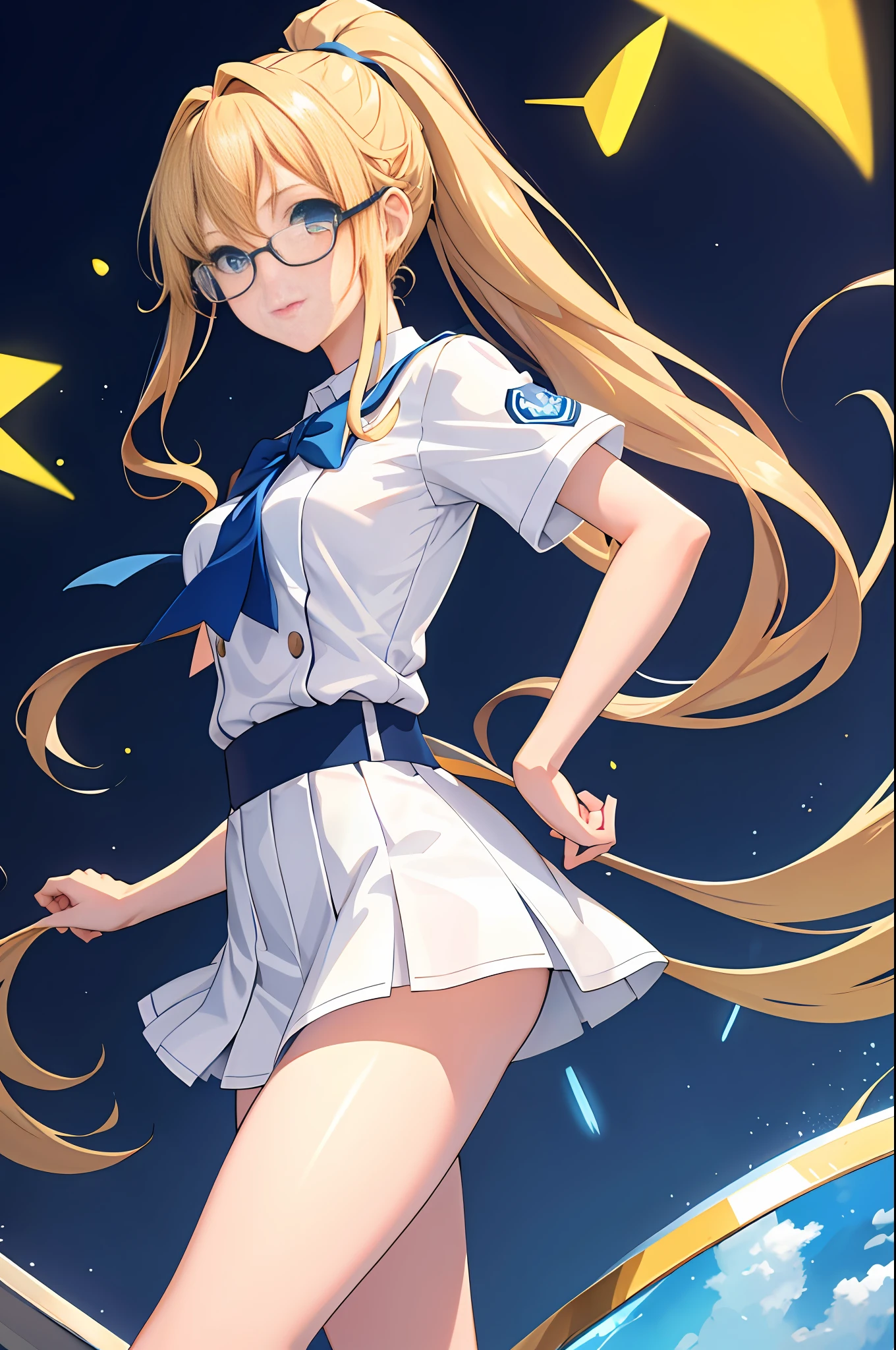 masterpiece, best quality, highres, 1girl, solo, high school uniform, bare legs, aura, blue aura, looking at viewer, light particles, city backdrop, perfect hands, perfect eyes, powering up, perfect legs, perfect arms, perfect fingers, blonde hair, blue eyes, medium breasts, long hair, standing, hands on hip, closed fists, hair down, glasses, ponytail,