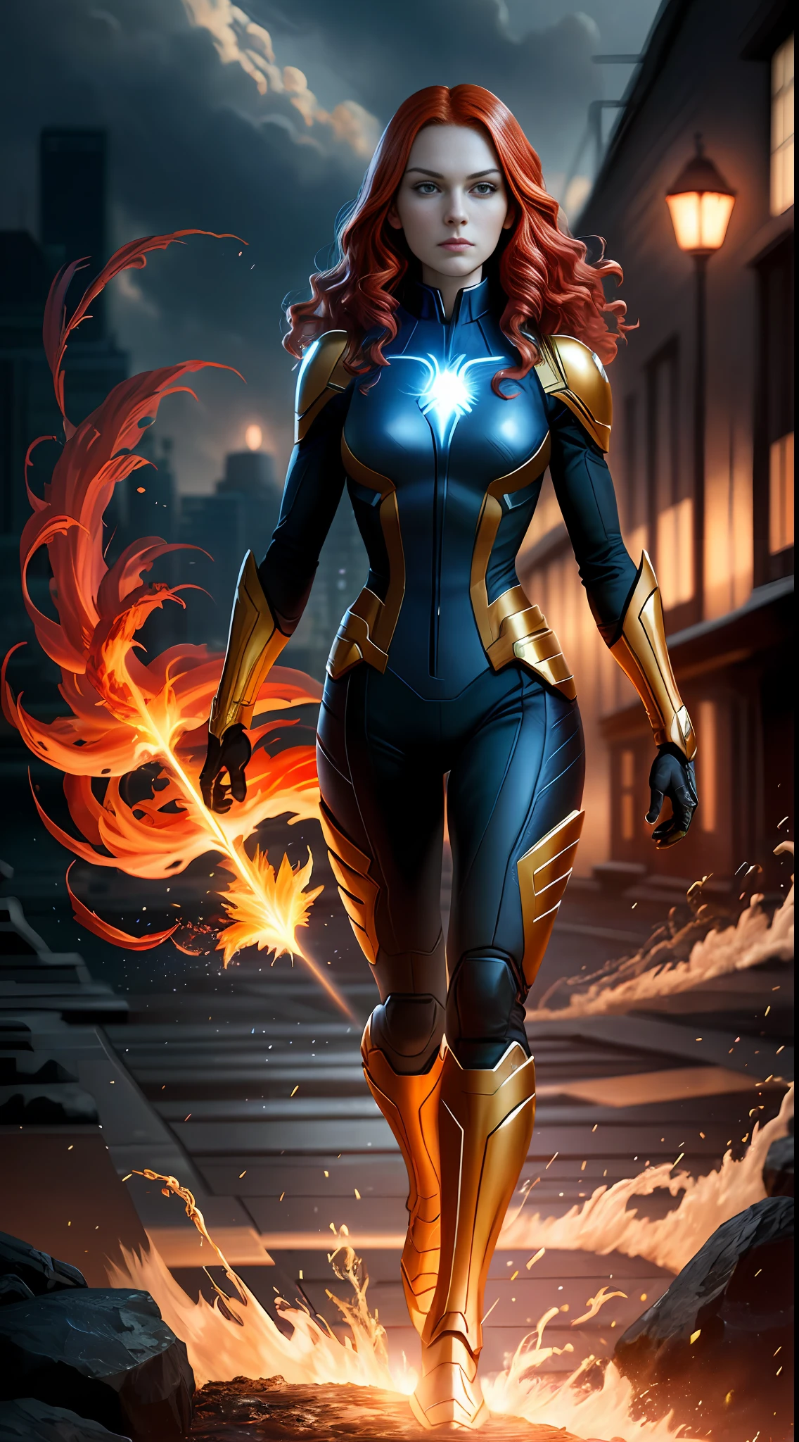 A (full body: 1.3), female, Jean Grey the phoenix of X-Men, filmed in 8k resolution, featuring the facial features of a young adult, cosmic entity, red hair, shoulder to shoulder, masterpiece of best quality, realistic, strong appearance, realistic digital portrait dissected, very detailed skin, very detailed eyes, long red hair, marvel, conceptual artist, global lighting Depth of Field and Splash Art