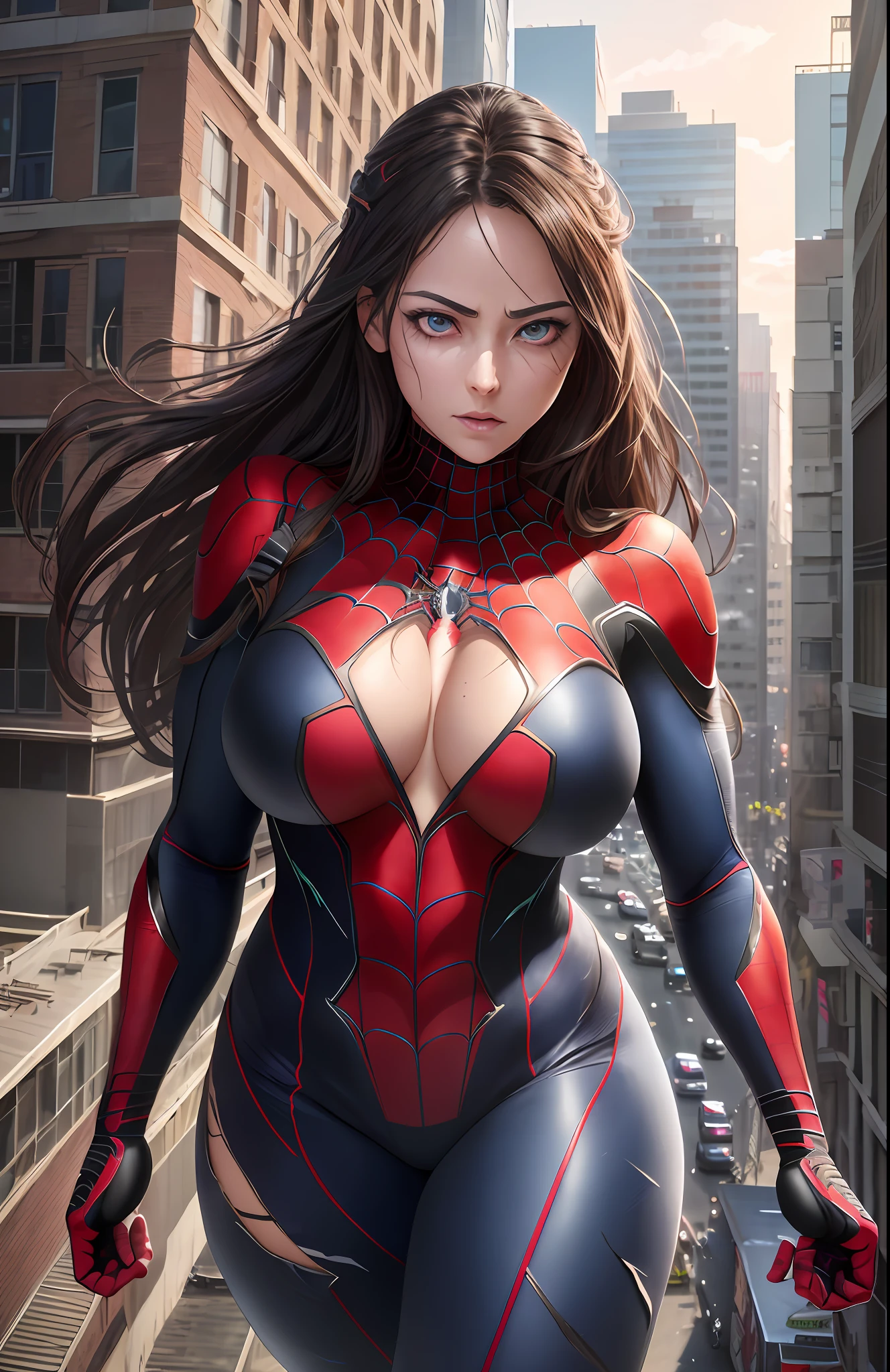 Anime, proportional eyes, (realistic:1.5),photorealistic, hyper realistic, (extremely detailed eyes), hyper detailed, soft lighting, (detailed background), extreme detail background, sharp details, ((full body)), female spider-man ripped open front of costume to reveal breasts, flushed face, hanging from side of building