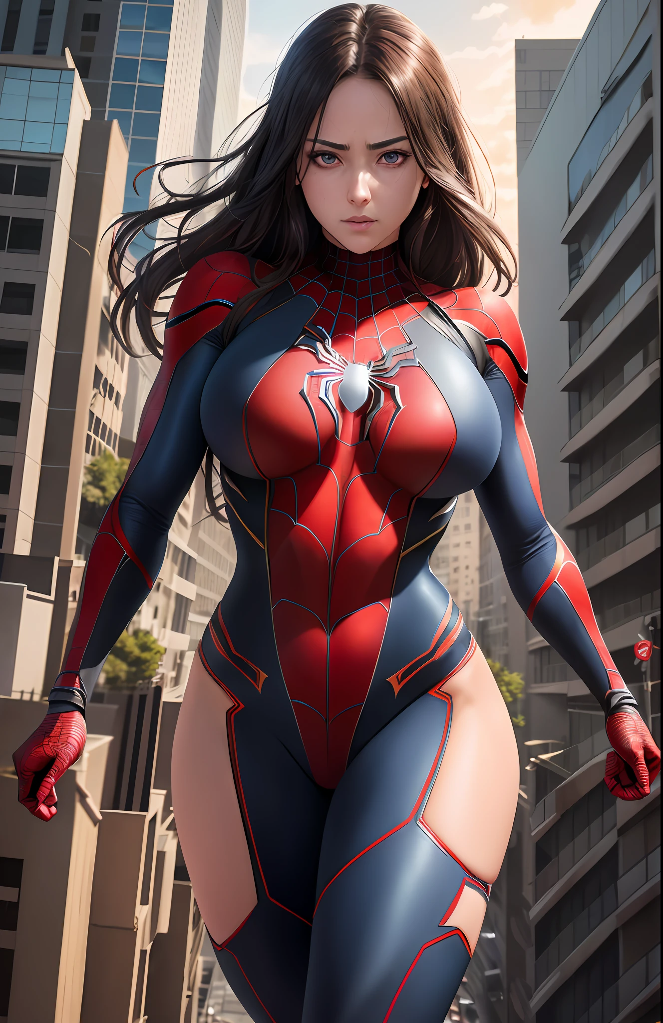 Anime, proportional eyes, (realistic:1.5),photorealistic, hyper realistic, (extremely detailed eyes), hyper detailed, soft lighting, (detailed background), extreme detail background, sharp details, ((full body)), female spider-man ripped open front of costume to reveal breasts, flushed face, hanging from side of building