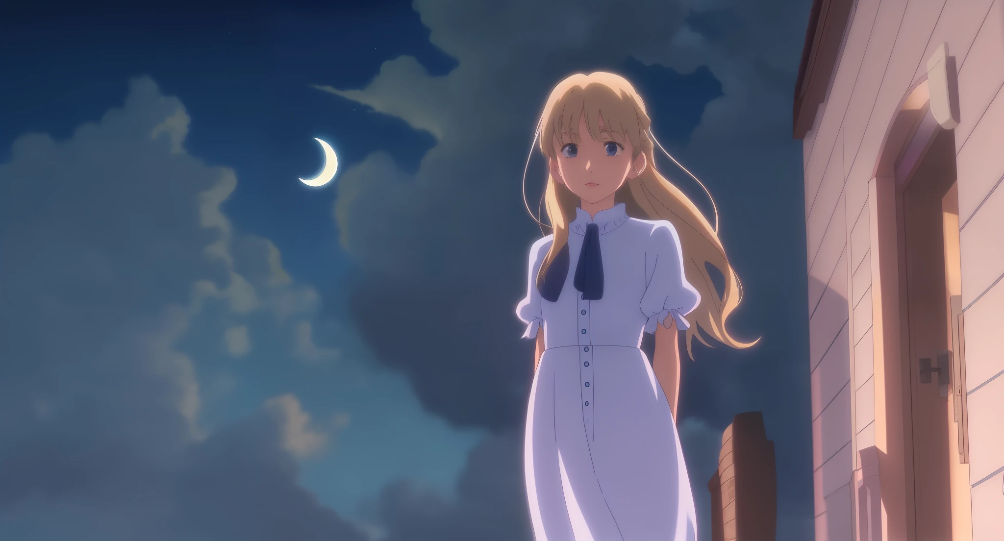 Blonde girl with long voluminous hair, big blue eyes open, anime standing in front of the door of a mansion, in white dress, blue tie, with a crescent moon in the sky, starry sky and with few white clouds, style in anime ghibli, in anime movie, style in ghibli anime style, high quality anime movie still,  Screenshot of anime movie, ghibli studio Screenshot anime, anime movie screenshot, from Ghibli studio movie, by Miyazaki, in Ghibli studio movie