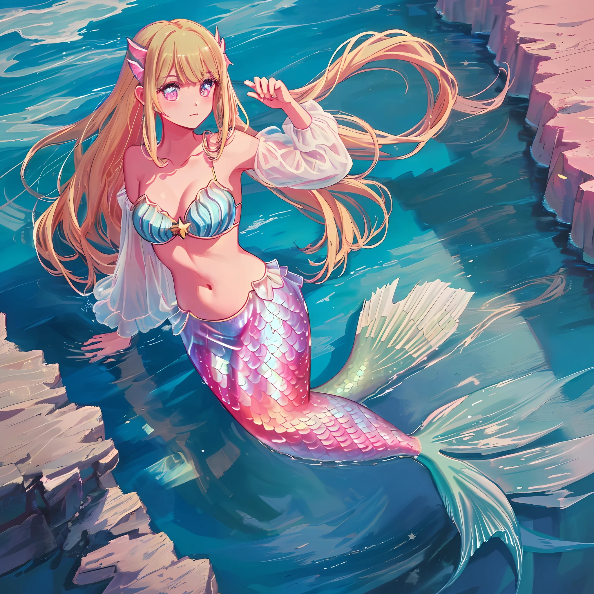 1woman, solo, blonde hair, flowing blonde hair, water, ocean, underwater, pink eyes, pink Star eyes, Star pupils, tail, mermaid tail, mermaid lower half, revealing clothing, ample bosom, cleavage, mermaid tail, fish tail, waist down mermaid, belly exposed, (((mermaid tail))), ((no legs)), ((tail instead of legs))