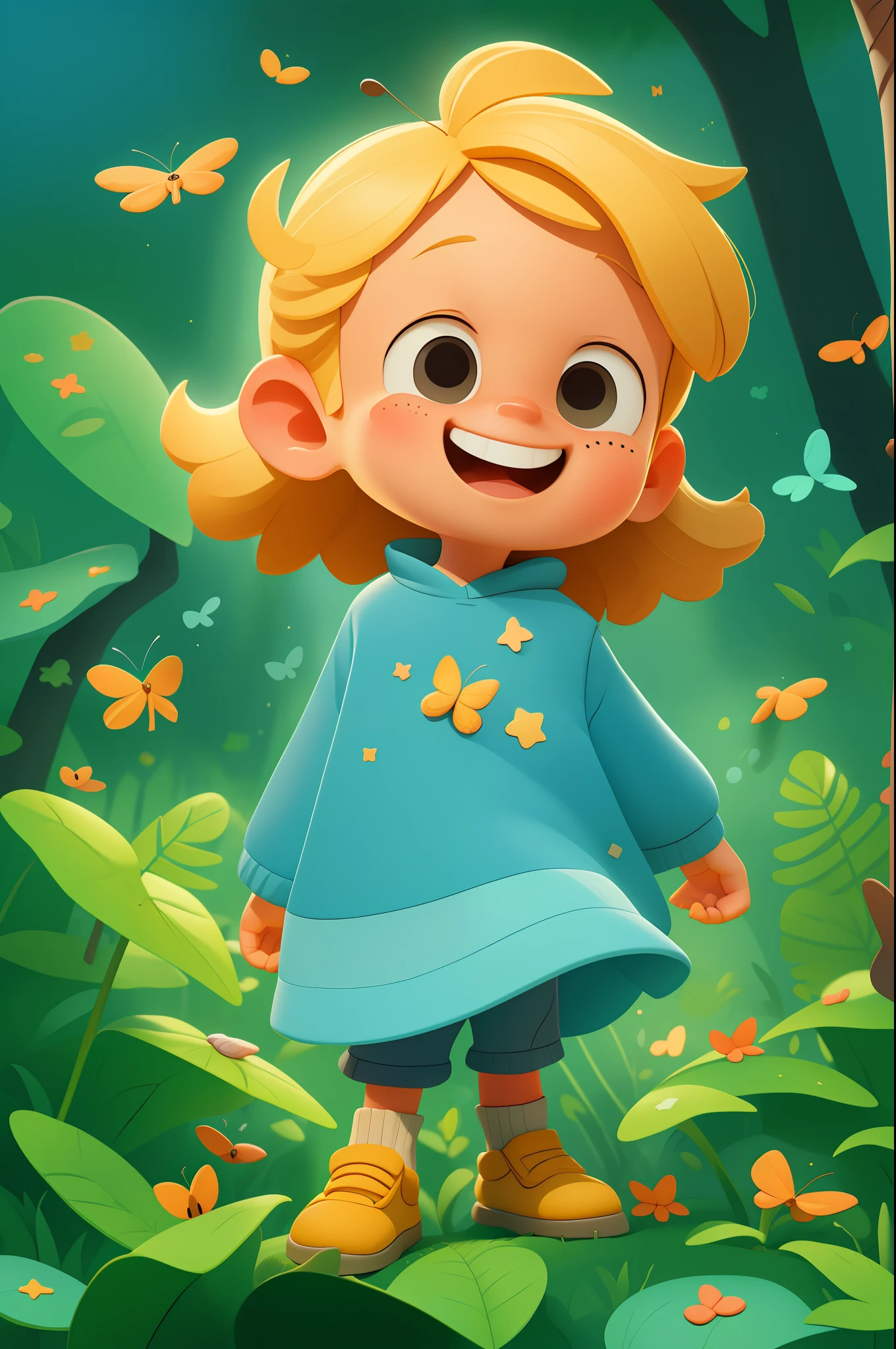 a happy cute kid, portrait, blonde hair, wearing a blue space costume, playing with a butterfly, outdoors, background forest, kid, toon, pixar style, 3d, cartoon, detailed face, asymmetric, upper body