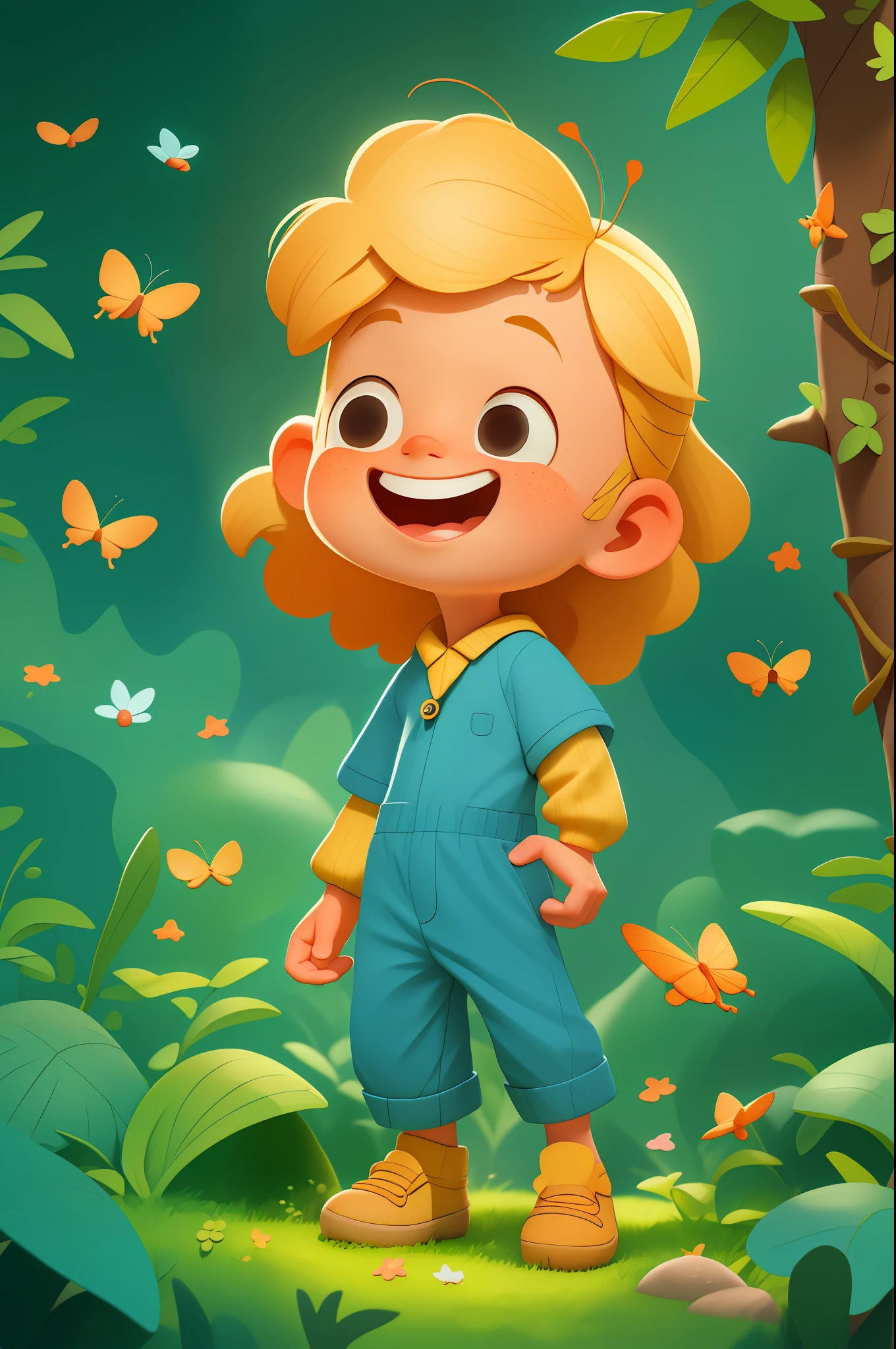 a happy cute , portrait, blonde hair, wearing a blue space costume, playing with a butterfly, outdoors, background forest, kid, toon, pixar style, 3d, cartoon, detailed face, asymmetric, upper body