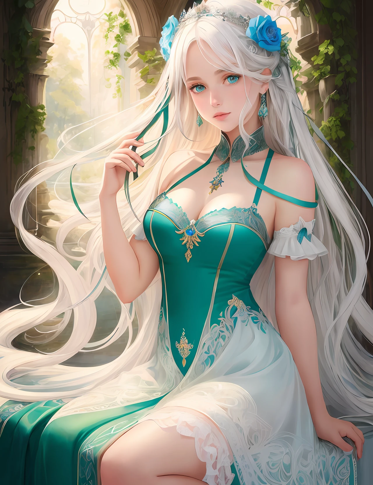 A stunning depiction of a beautiful girl with heterochromia, featuring long flowing white hair that cascades around her. The artwork showcases a mesmerizing contrast between her eyes, one a deep, captivating sapphire blue, and the other a striking emerald green. The intricate details and delicate brushstrokes bring out the depth and intensity of her unique gaze. The composition exudes an ethereal quality, with soft lighting and a subtle hint of mystery. The artist's masterful use of shading and highlights creates a sense of realism, while maintaining a touch of whimsy. This artwork celebrates the enchanting allure of heterochromia and the individuality it represents, capturing the viewer's attention and imagination.