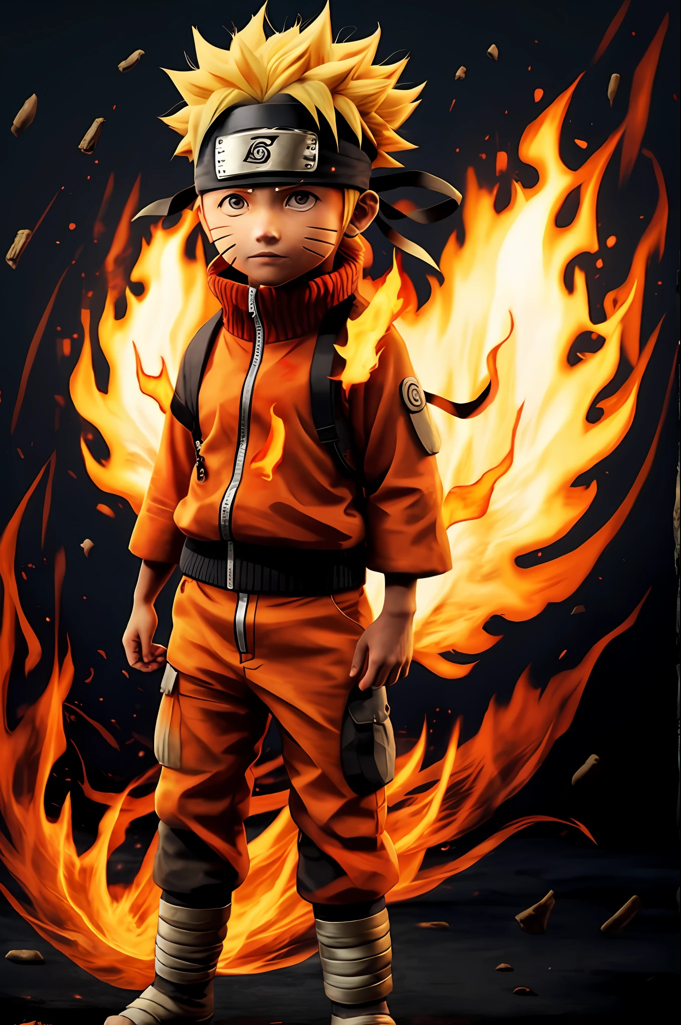 Naruto,1boy, black_background, fire, 9 fox tails,
