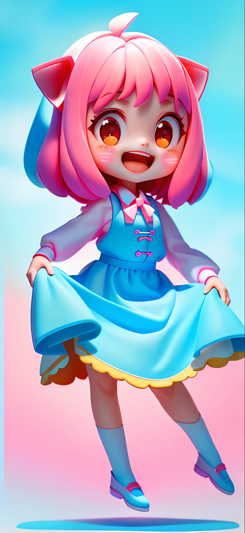 A cute girl with cute face, pink hair, white lining, blue long dress, laughing --v 6