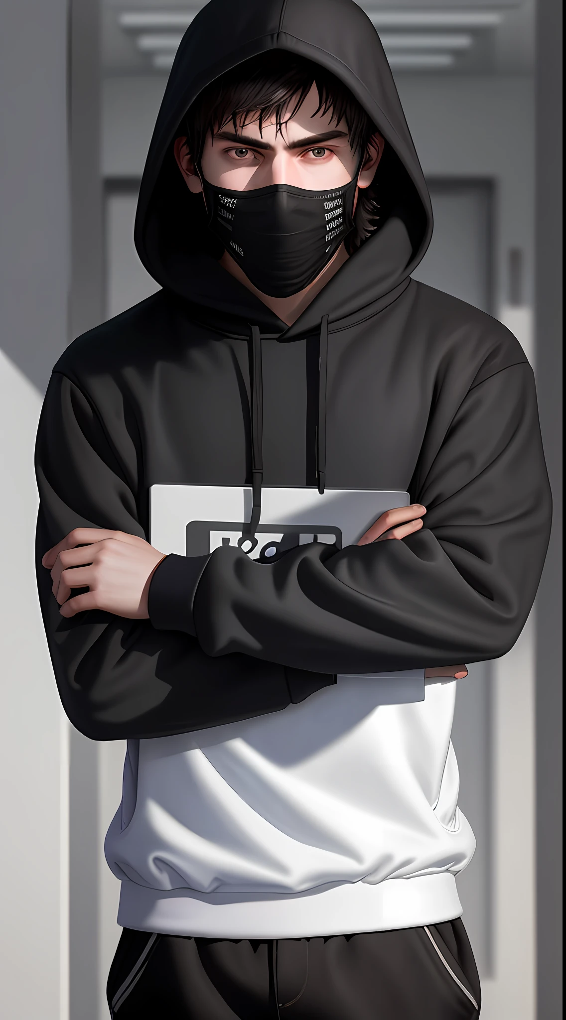 Self portrait A young man, at school shooting people photorealistic, shading, expression of fear, wearing black hooded sweatshirt, mask in mouth, (fear) depressive, holding a pistol, blood