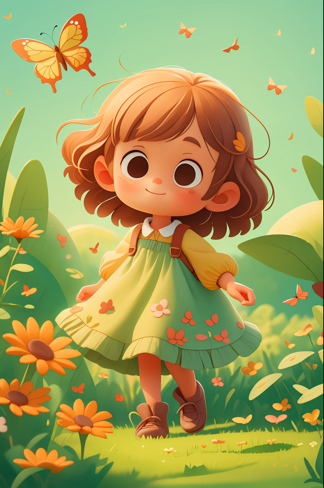 High detail, super detail, super high resolution, Pixar style, A cute and innocent girl, child, toddler, enjoying her time in an empty field, surrounded by the beauty of nature, warm sun sprinkling on her, wildflowers gently swaying in the breeze. Butterflies and birds flutter around her, adding to the playful atmosphere