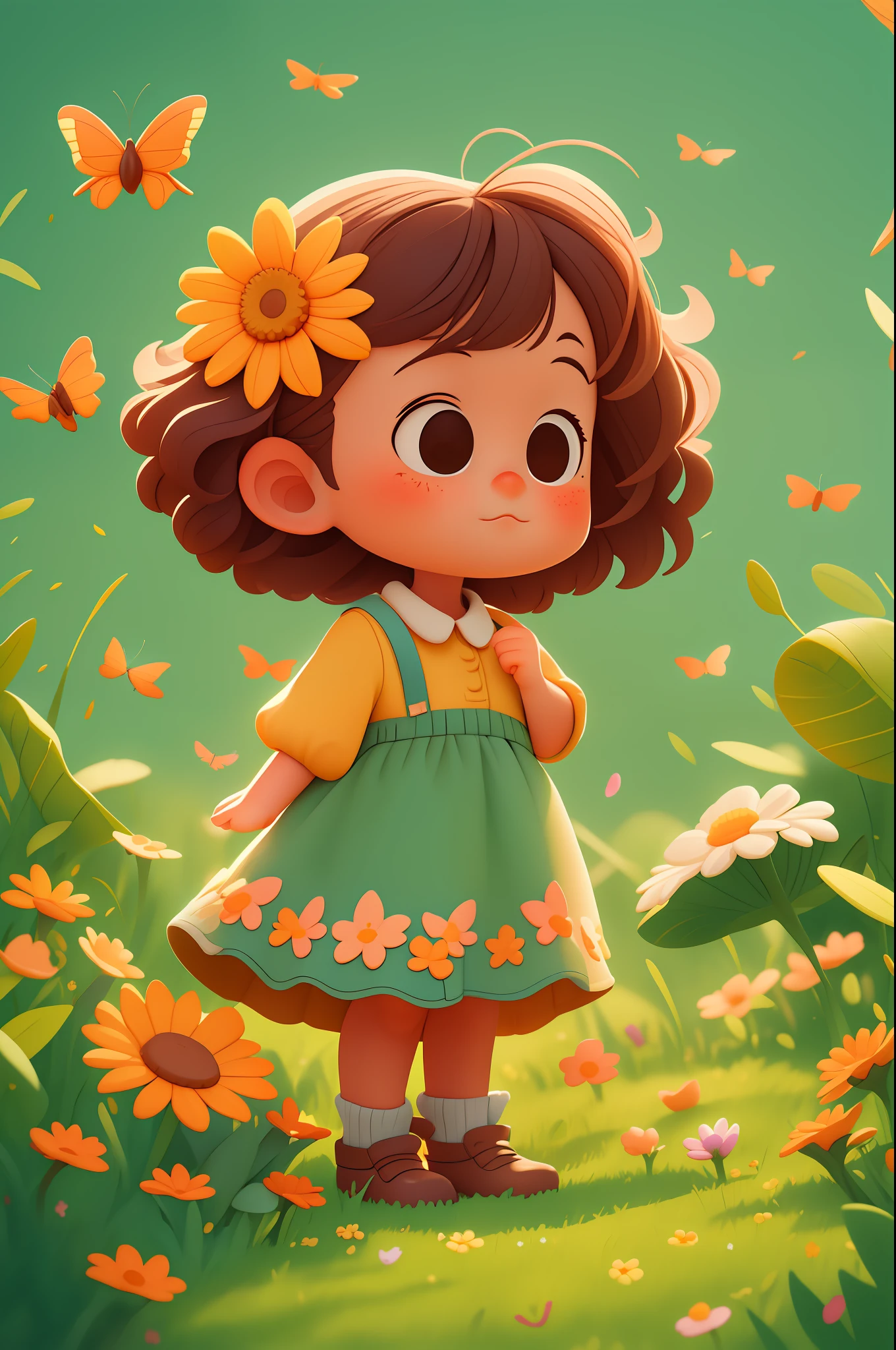 High detail, super detail, super high resolution, Pixar style, A cute and innocent girl, child, toddler, enjoying her time in an empty field, surrounded by the beauty of nature, warm sun sprinkling on her, wildflowers gently swaying in the breeze. Butterflies and birds flutter around her, adding to the playful atmosphere