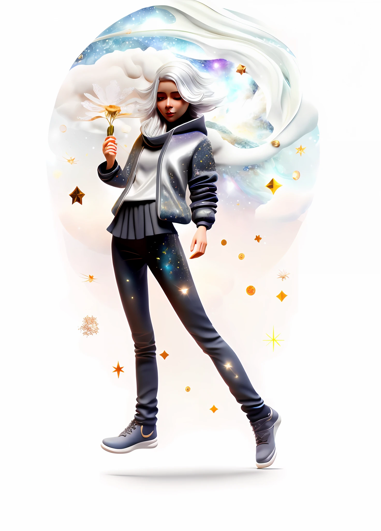 Complex, 3D, Rendered Very Detailed, Beautiful, 8K, Best Quality, Masterpiece, Illustration, Very Delicate and Beautiful, (Starry Sky), Cosmos as Background, Starry Sky as Background, Floating, (Cosmos), (Beautiful Woman: 1.5), (Silver Hair: 1.2), (Young), Slim Figure