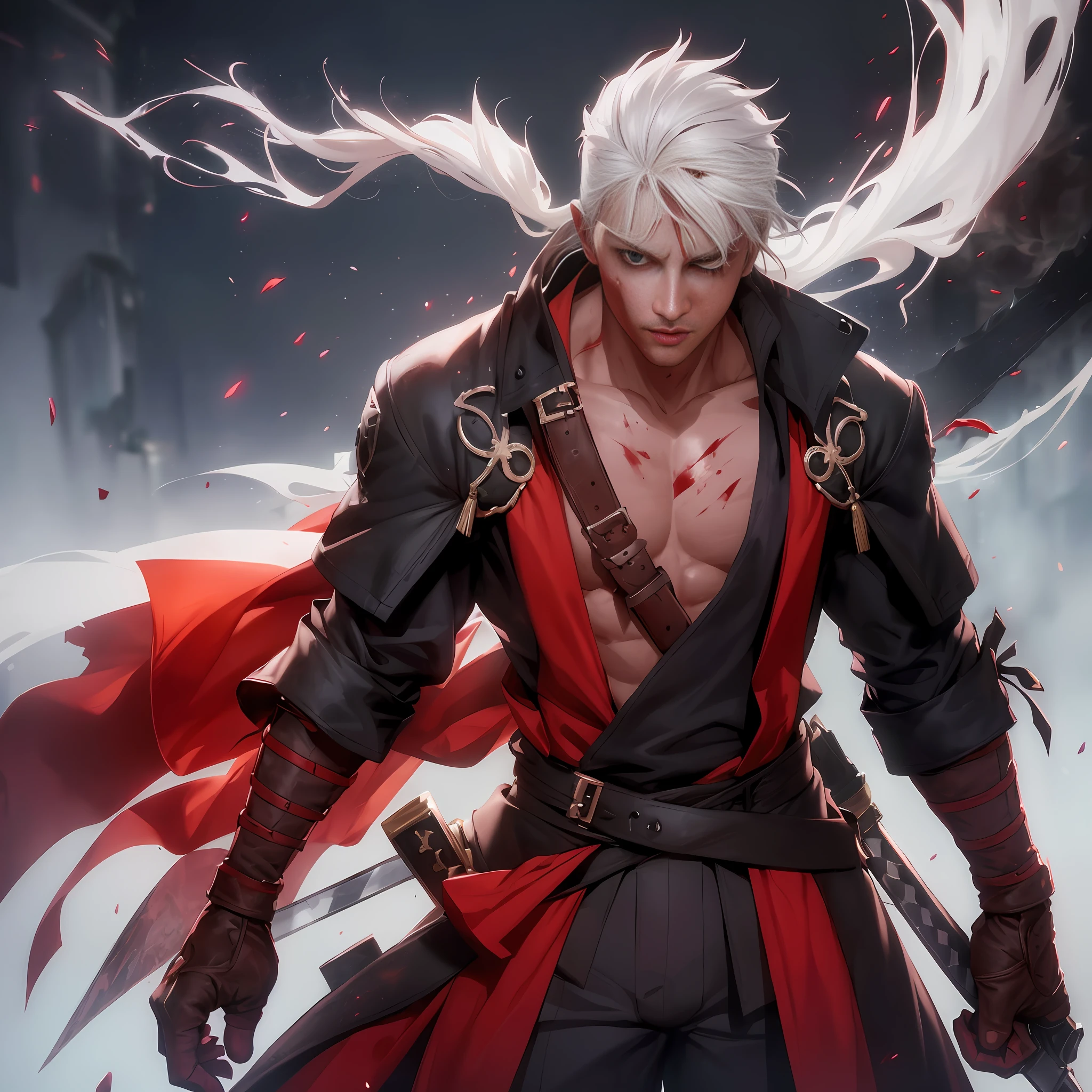 (extremely detailed CG 8k wallpaper unit, masterpiece, best quality, ultra-detailed), (better lighting, better shadow, an extremely delicate and beautiful), (1 character), (bloody, red stained skin), sparks and smoke, silver sword, combat boots, dynamic pose, night scene. Blind in one eye