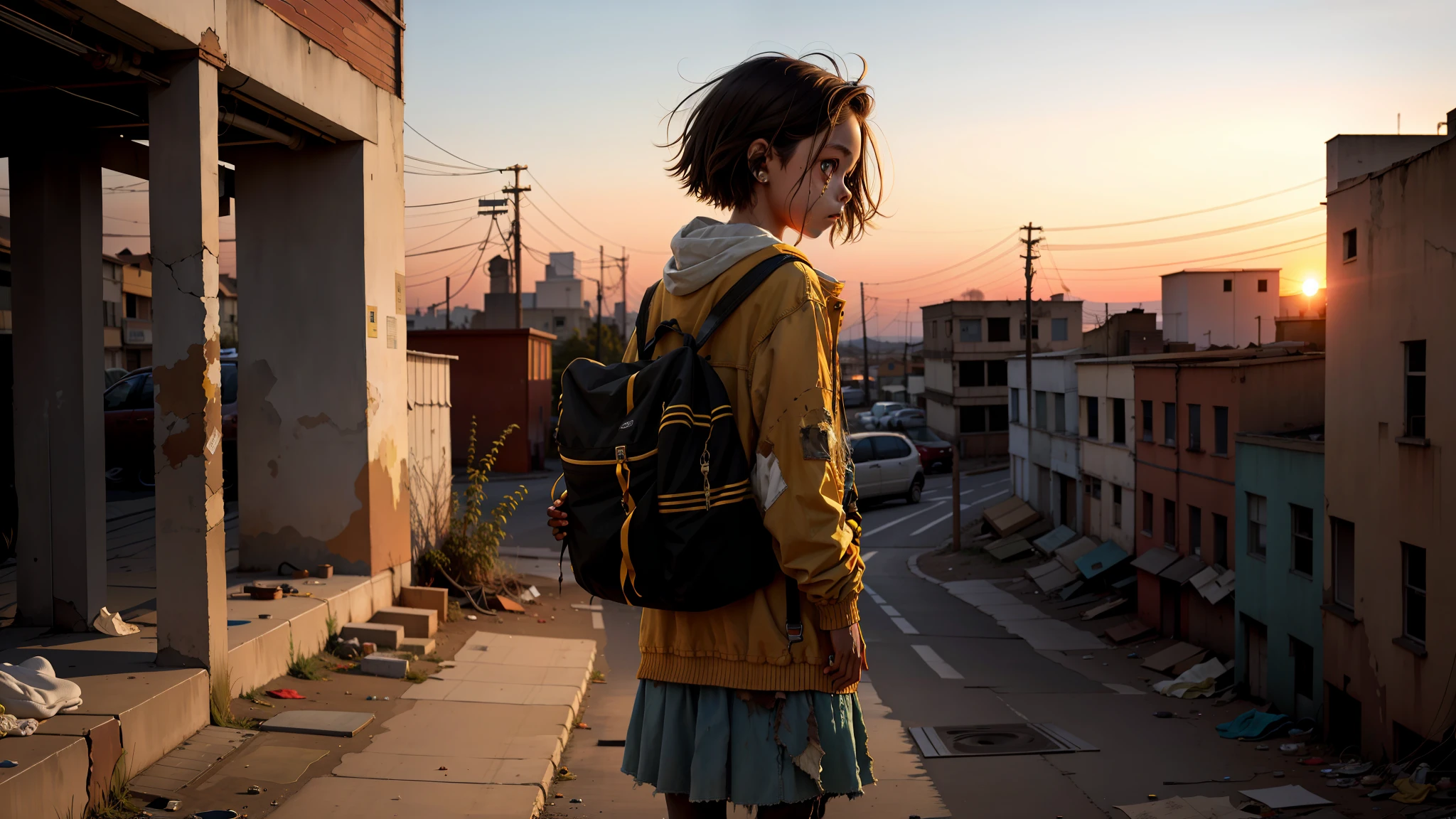 A girl, golden thread composition, sunset, shabby clothes, dirty face, doomsday environment