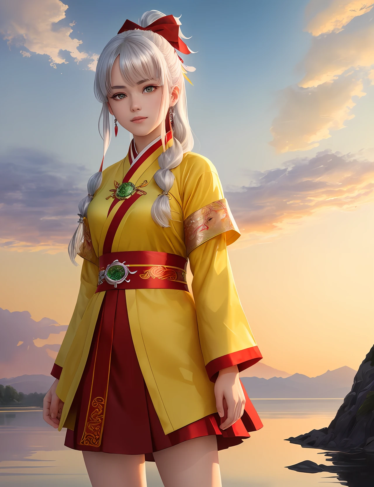 (best quality, masterpiece, ultra detailed 8k CG image, floating image), dynamic vision, dynamic pose, (1 girl), eyes ((red and yellow)), (multicolored hair + silver hair: 1.3 + red hair: 1.2 + yellow hair: 1.3 + green hair: 1.3), wuxia white clothes, ribbon on the neck, beautiful face, many drops of water, cloud, twilight light, wide shot, watercolor.