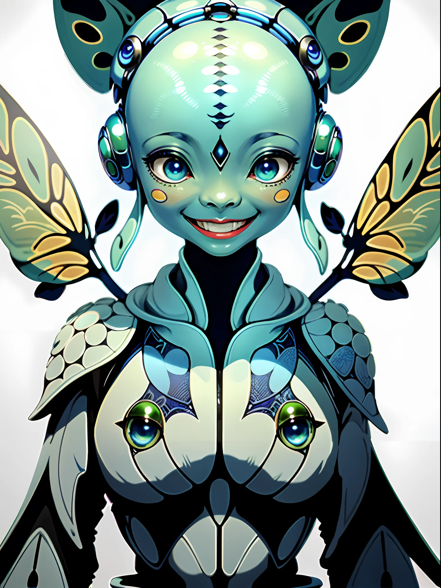 Close-up, a smiling alien woman, peculiar appearance, only a blue dragonfly-like eye, a big mouth like a frog, no ears, smooth skin like a frog, minimalist background, ((realistic)), masterpiece, highest quality, (masterpiece: 1.0), (best quality: 1.4), intricate details, super detailed, sci-fi movie