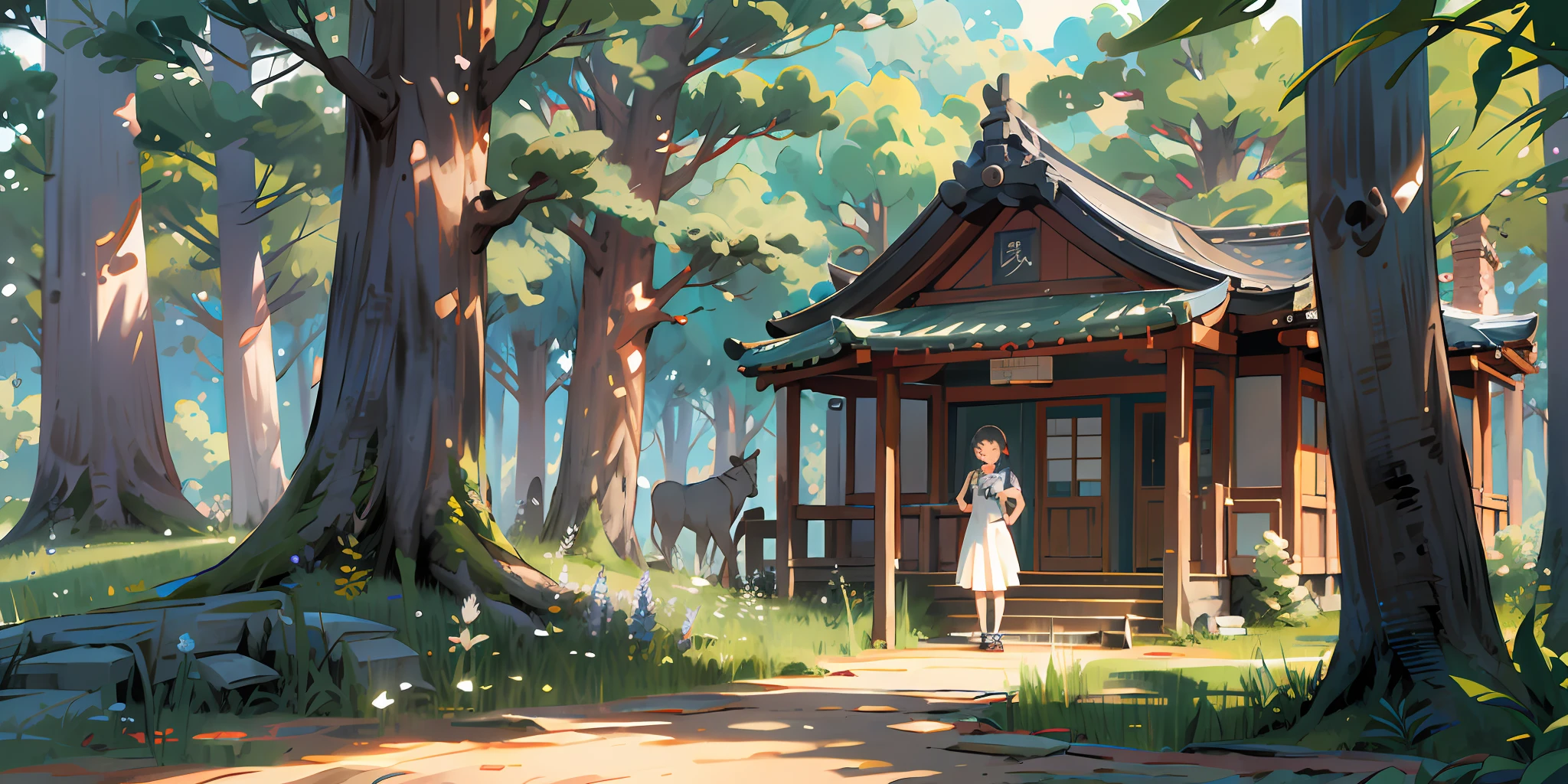 ({{highres,}},masterpiece,ultra-detailed,best quality,8k)grass, tree, bush, nature, forest, scenery, outdoors, day, path, no_humans, on_grass, tree_shade, plant, sky, tree_stump, road ,丛林,蓝天,树下,田野,树叶,花园,红发少女,鸟