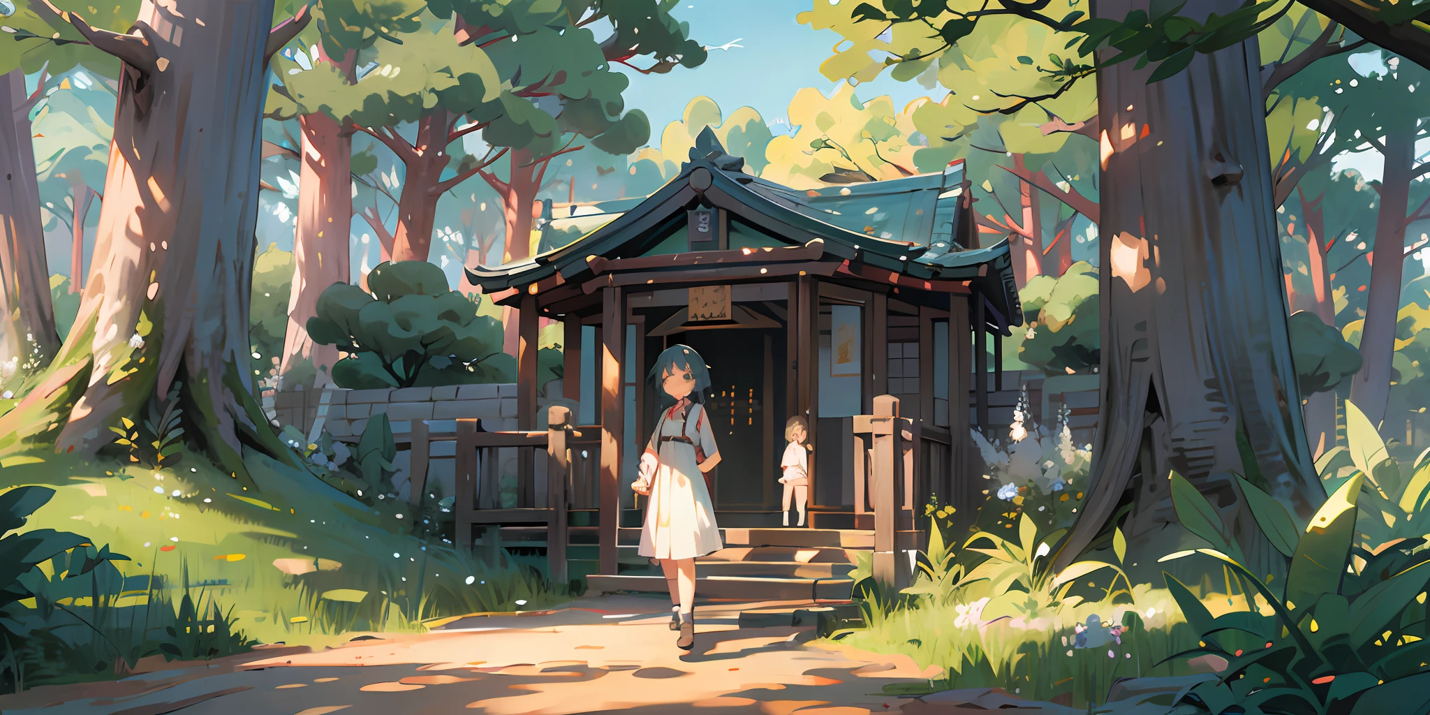 ({{highres,}},masterpiece,ultra-detailed,best quality,8k)grass, tree, bush, nature, forest, scenery, outdoors, day, path, no_humans, on_grass, tree_shade, plant, sky, tree_stump, road ,丛林,蓝天,树下,田野,树叶,花园,红发少女,鸟