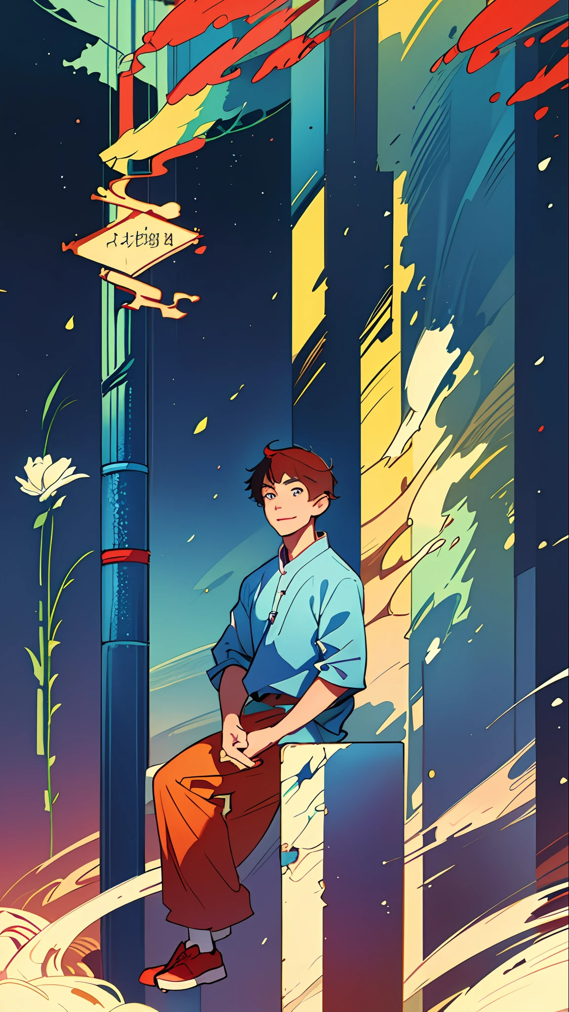 Make illustration poster, Chinese illustration, flat illustration, (((Father's Day))), Asian, (((father and son))), father smile, clear facial features, smile happiness on face, 15-18 year old boy sitting on father's side, outdoors, sunny, blue sky and white clouds, flowers and red plants in foreground, colorful, highly saturated, contour light, warm and bright, colorful, HD 8K, colored light particles, heterochromatic, (color: 1.5) , --v6