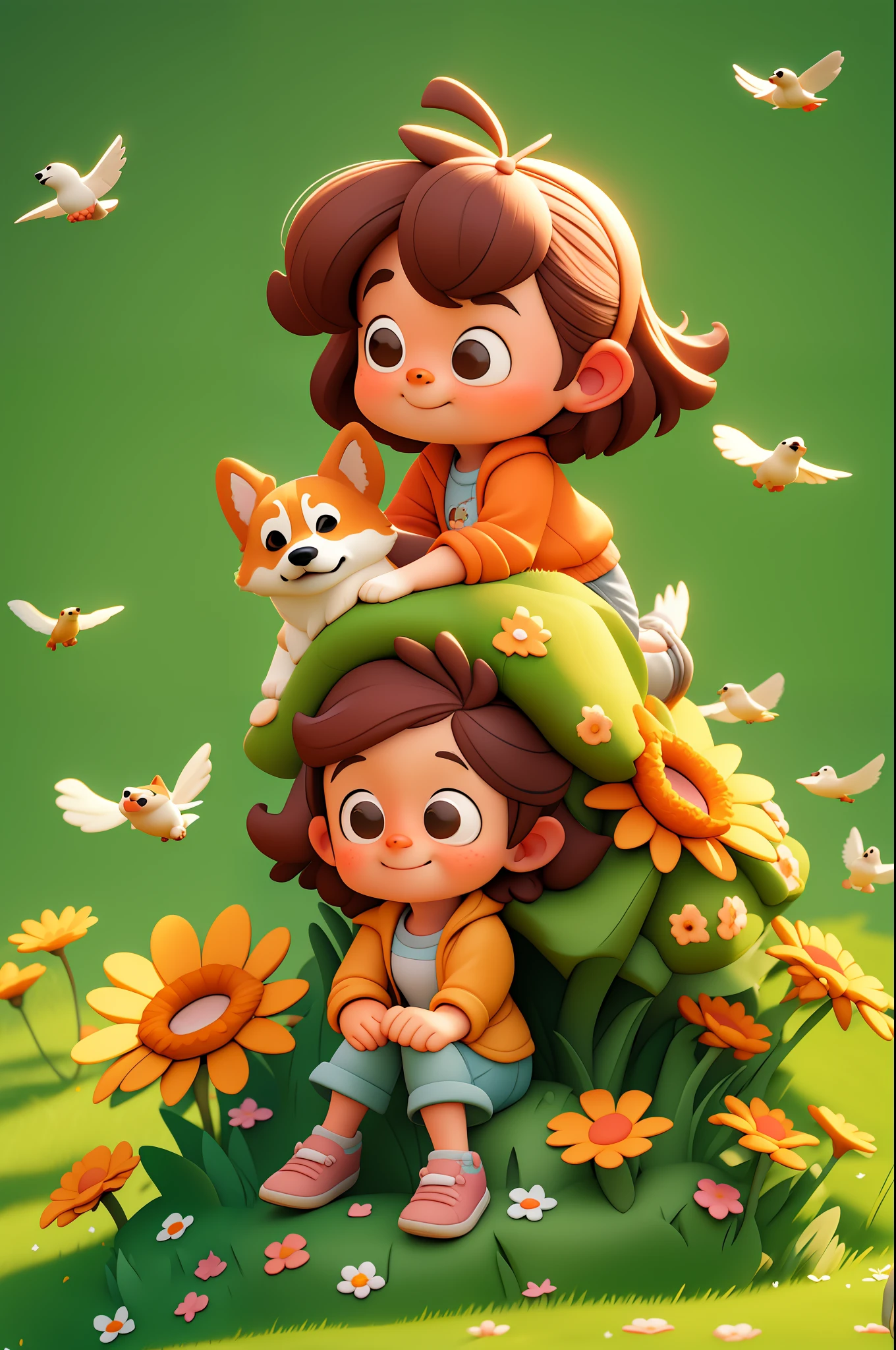 Cartoon style, (Pixar style), a cute girl and a corgi puppy, sitting,  girl reaching out to touch corgi's head, warm interactive atmosphere, outdoors, park lawn, 3D, Unreal Engine, detailed face, soft sunlight, glare, birds, flowers