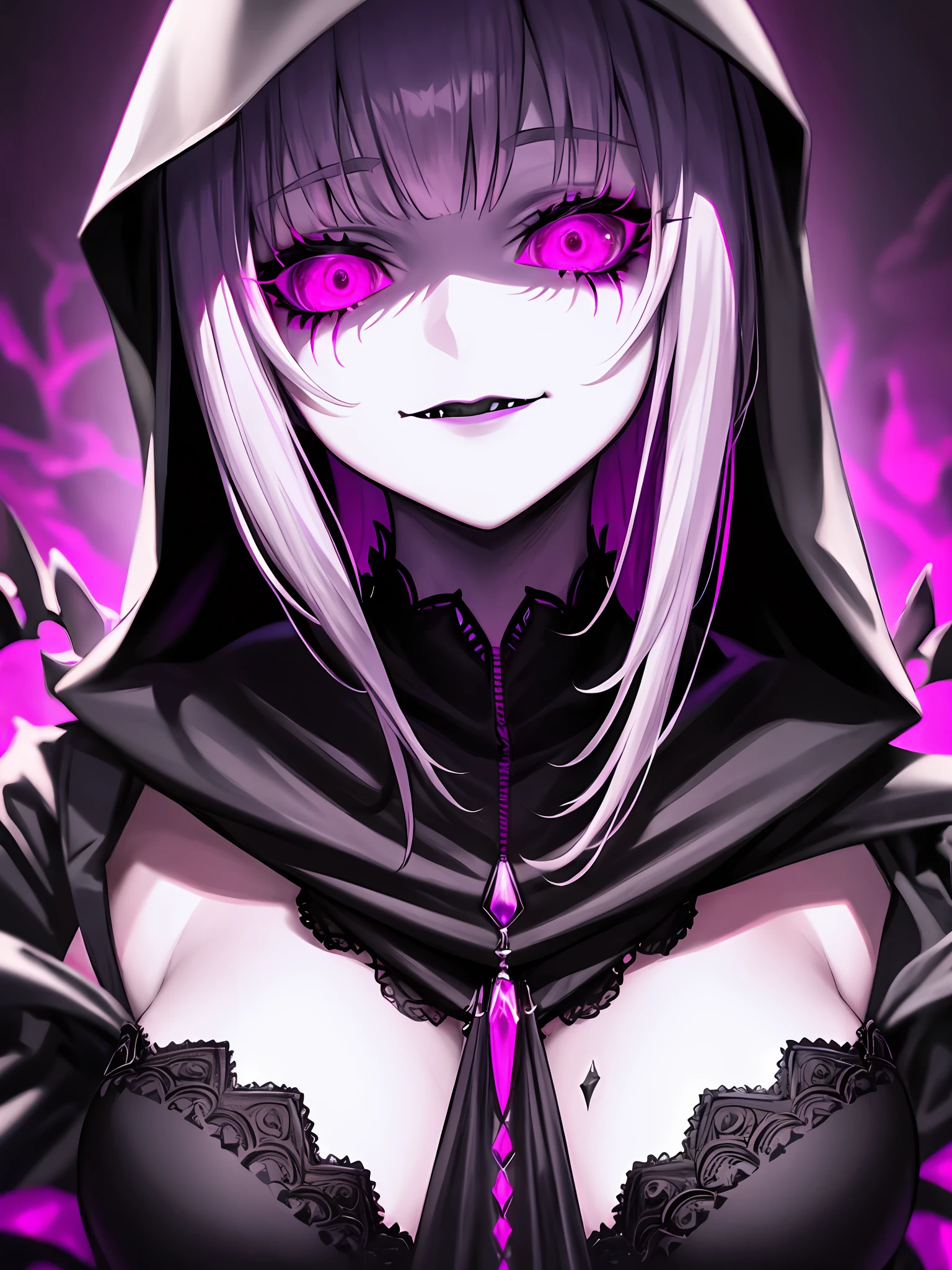 1lady , night hunter, glowing magenta eyes, night, creepy smile, scary, close up
hard lighting, best quality, intricate, highly detailed, masterpiece, black lipstick, black hood