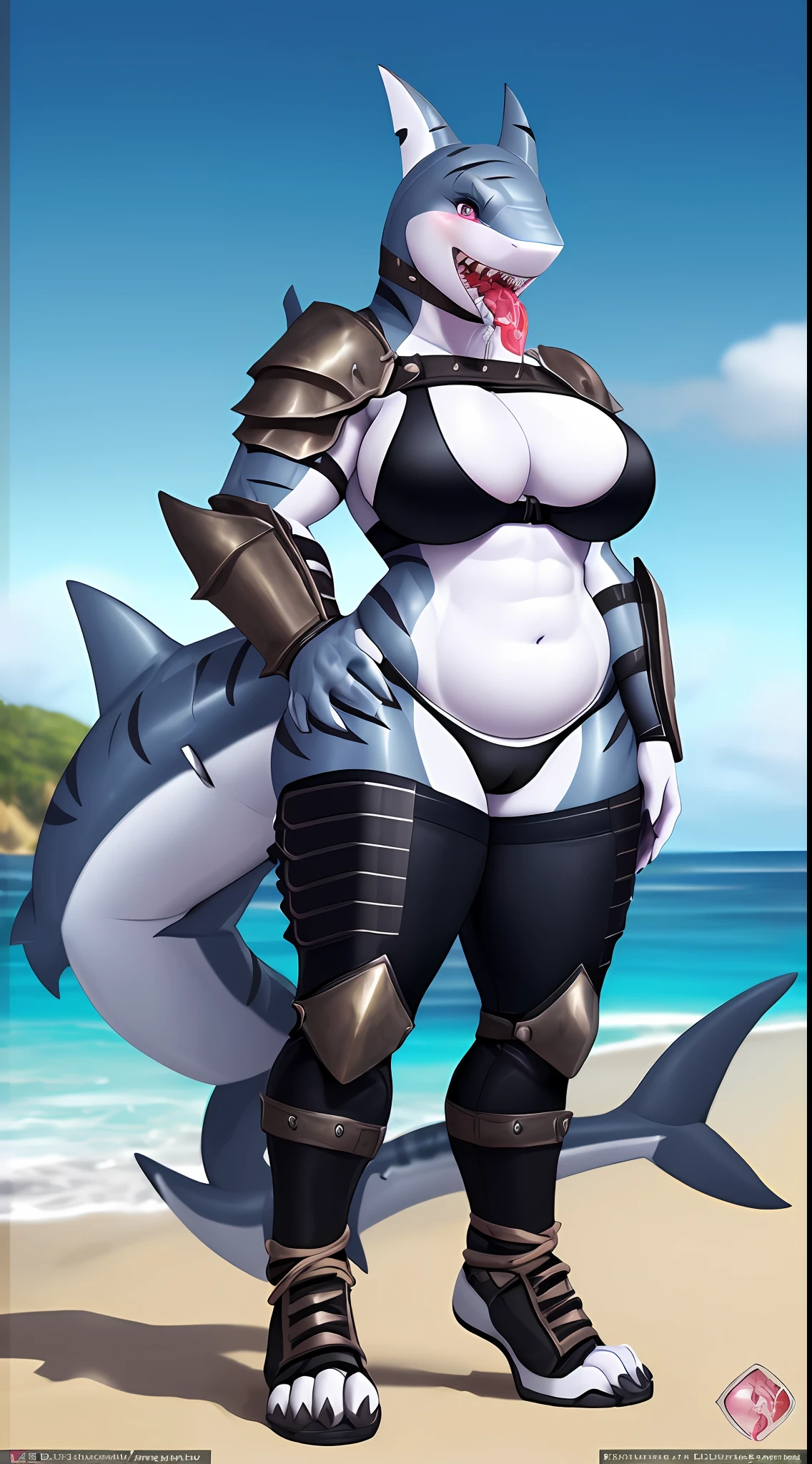 (((Shark))), anthro, (wearing tube top), (wearing armor leggings), high detail, high resolution, raw photo, beach background, 1girl, solo, big breasts, high quality, hi res, sharp, detailed body, detailed, cartoony, ((looking at viewer)), angry, mad, chubby, muffin top, whole body, ((full body portrait)), far away, (((full body concept))), Medieval, rpg, (((cameltoe))), ((wet)), ((blushing)), ((hand on butt)), nsfw, (((tied up))), ((gaping mouth, tongue, saliva, white liquid, yoghurt in mouth))