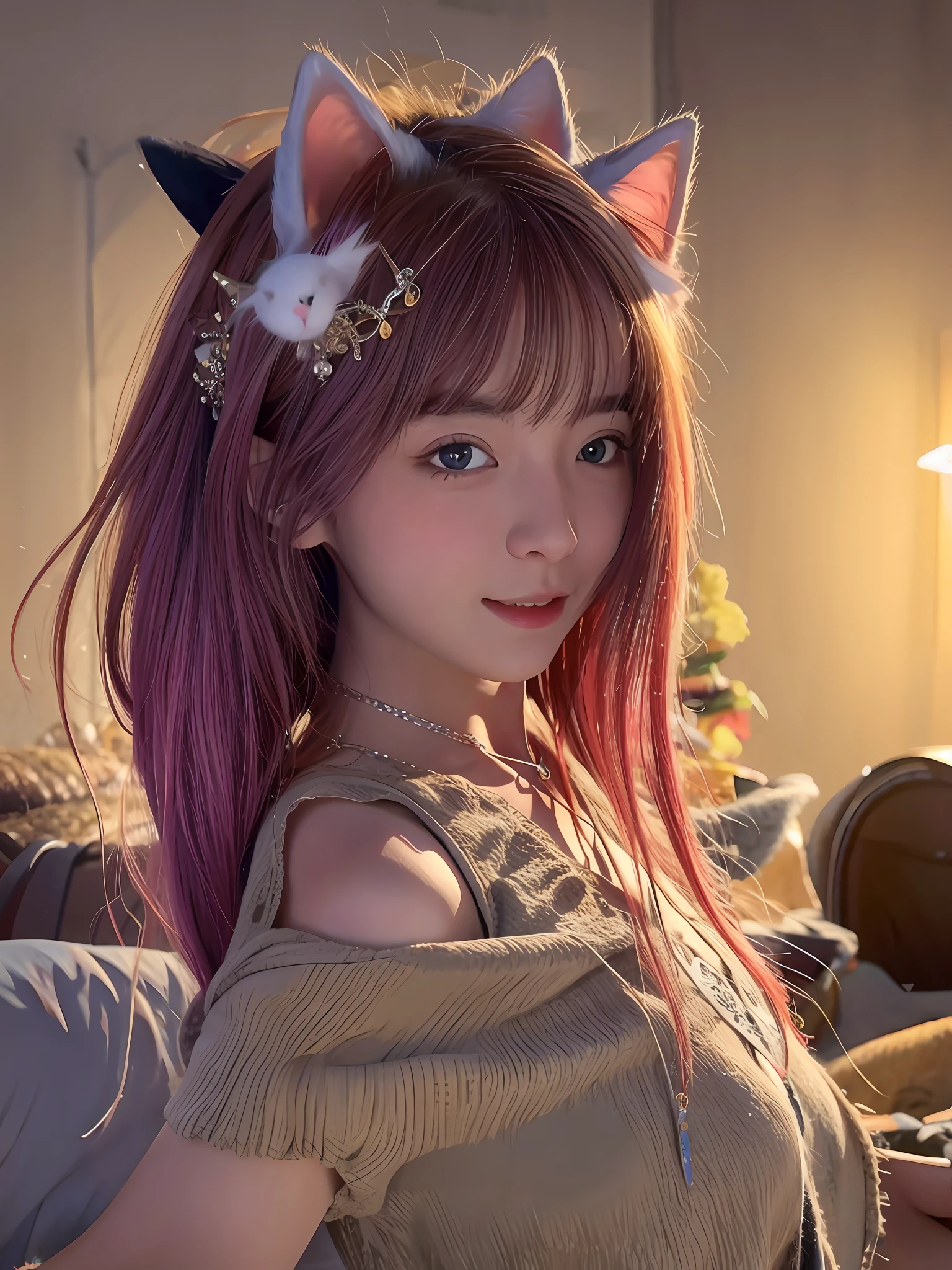 Cat hair accessories, girls, standing, happy, smiling