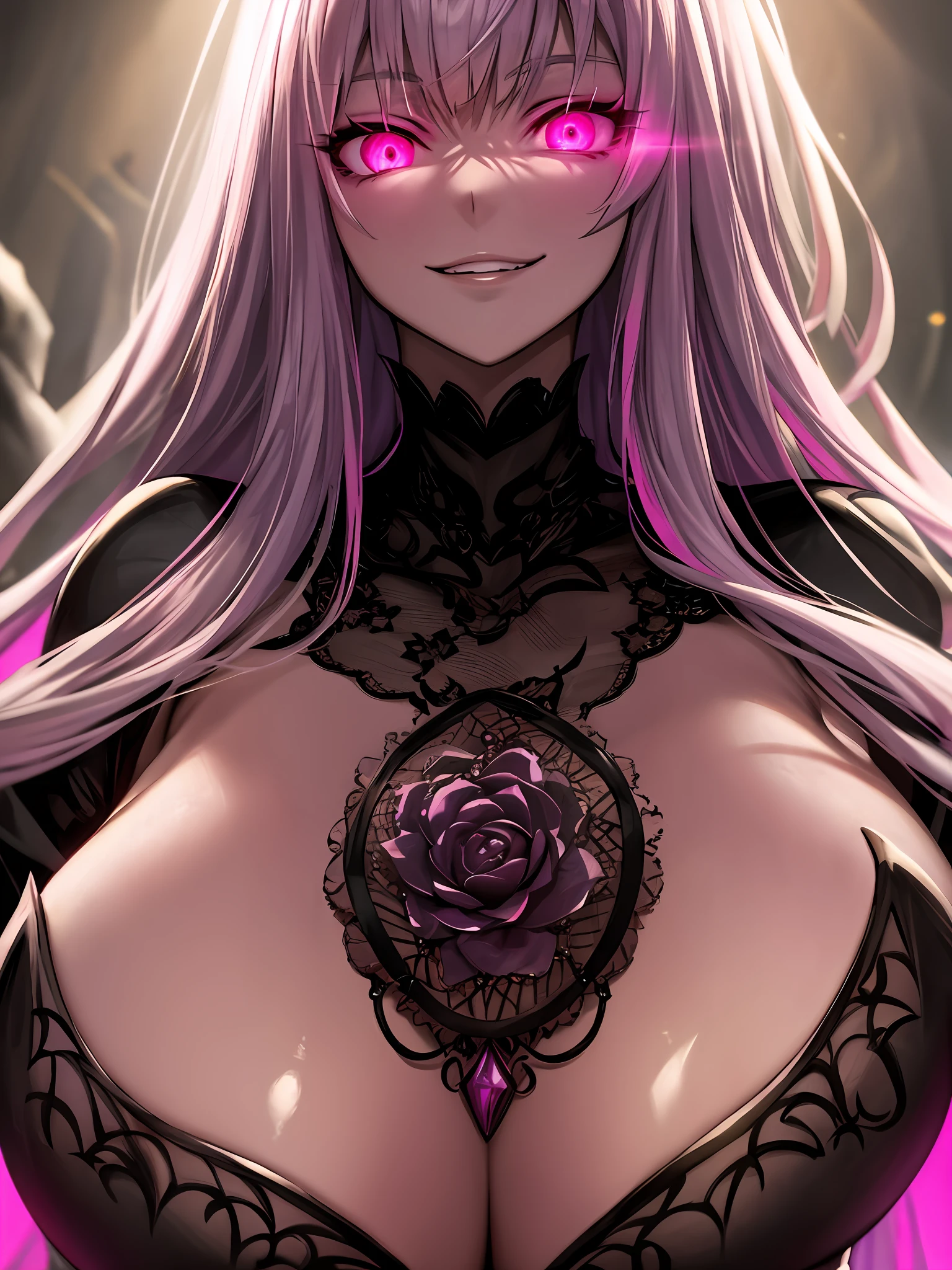 1lady , night hunter, glowing pink eyes, night, creepy smile, scary, close up
hard lighting, best quality, intricate, highly detailed, masterpiece, cleavage, big breasts