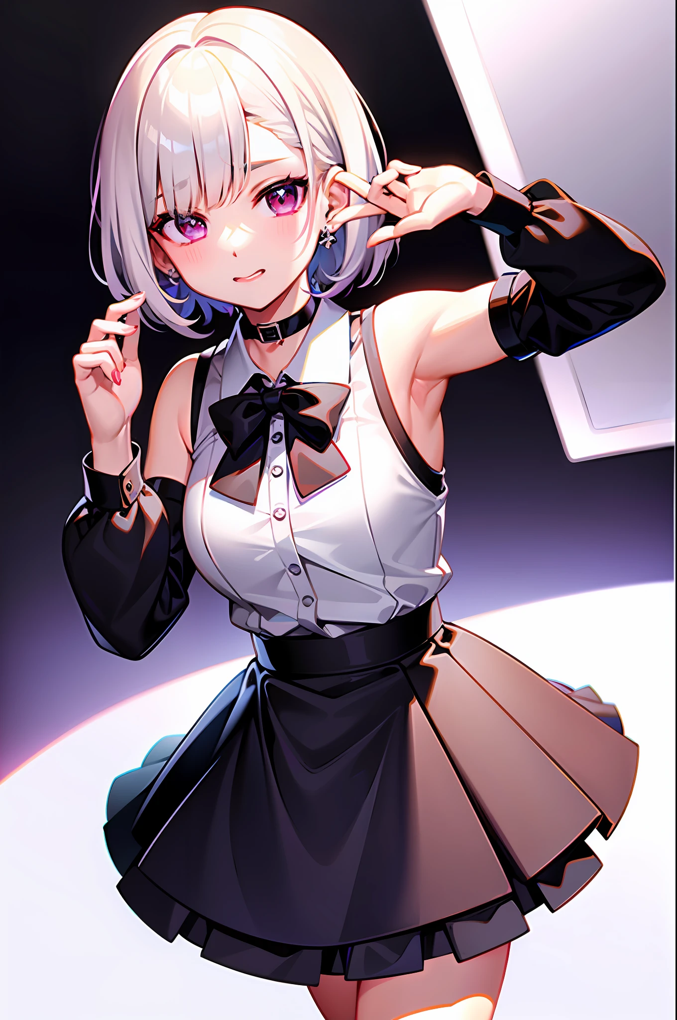 best quality, ultra high res, 1girl, sleeveless white button shirt, black skirt, black choker, cute, (Kpop idol), (aegyo sal:1), (platinum blonde hair:1), ((puffy eyes)), looking at viewer, full body, facing front
