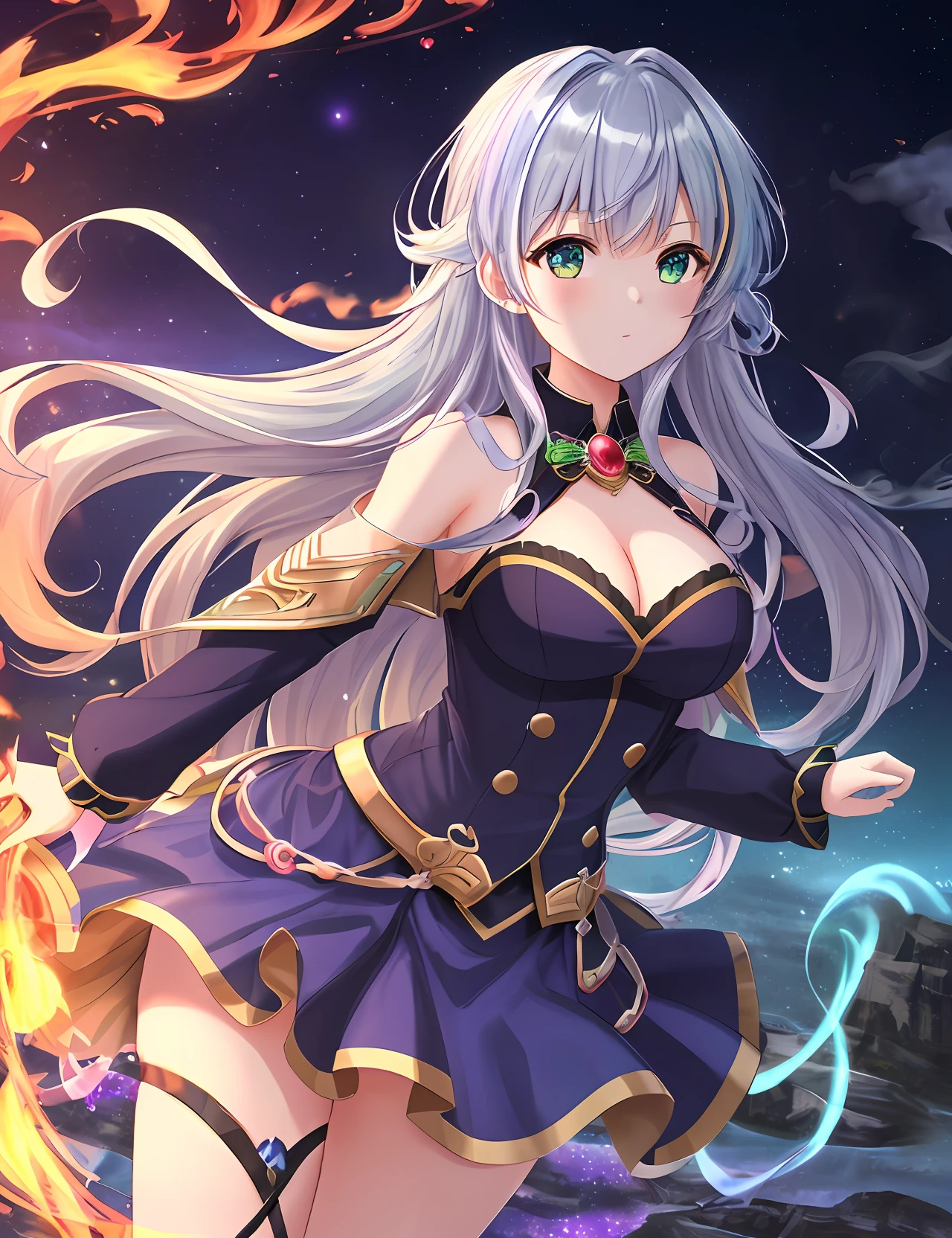 (extremely detailed CG unity 8k wallpaper, best quality, masterpiece, ultra-detailed), floating, (a girl guardian, multicolored eyes), dynamic and beautiful, (blue:1.3+green:1.3+purple+yellow:1.3+silver:1.3+red:1.2) hair, armor, weapon, enchanted, dark magic, (wide shot), (flames, swirling smoke, mystical aura), night scenery.