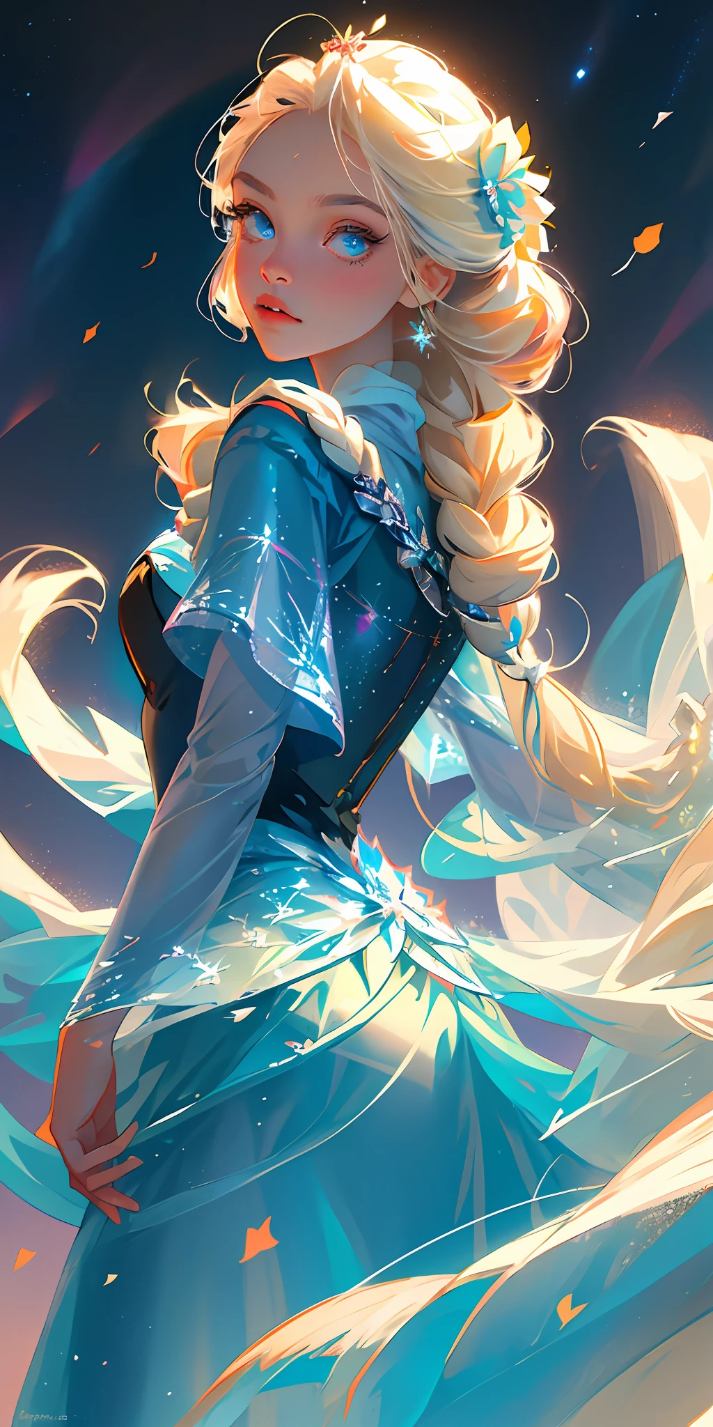 (best quality, masterpiece), 1girl, pose, particle, wind, flower, upper body, simple background, looking at viewer, Elsa from Frozen, blonde, galaxy, perfect eyes
