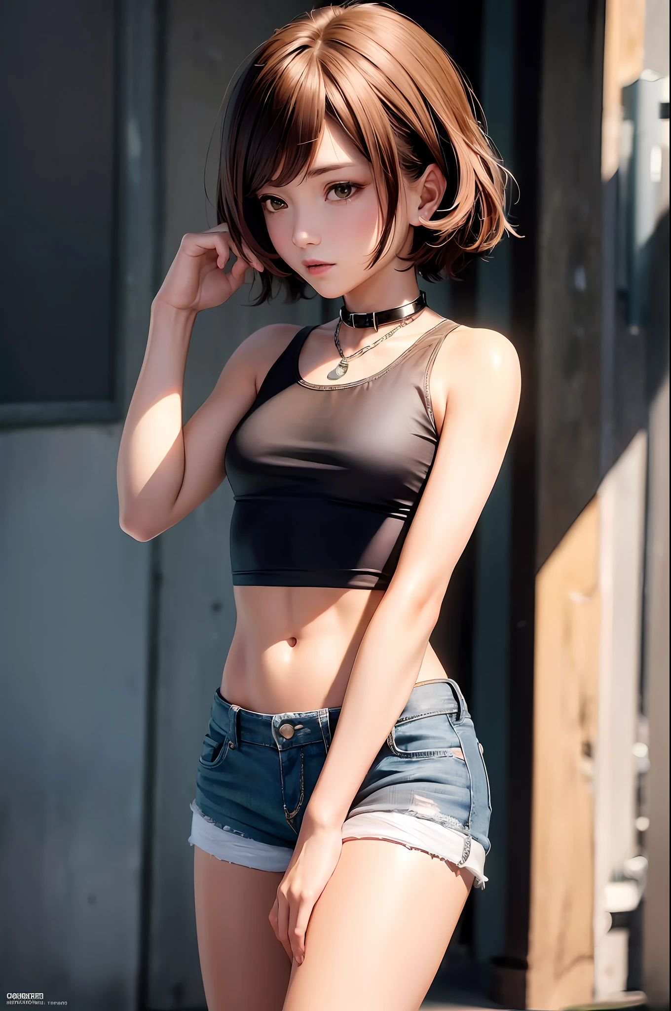 ((medium breast, tomboy girls, small head)), daylight, sunlight, (chiseled abs : 1.1), (perfect body : 1.1), (short wavy hair : 1.2) , auburn hair, collar, chain, full body shot, crowded street, wearing black tanktop, jeans jacket, ((shorts)), (extremely detailed CG 8k wallpaper), (an extremely delicate and beautiful), (masterpiece), (best quality:1.0), (ultra highres:1.0),  beautiful lighting ,perfect lightning, realistic shadows, [highres], detailed skin, ultra-detailed
