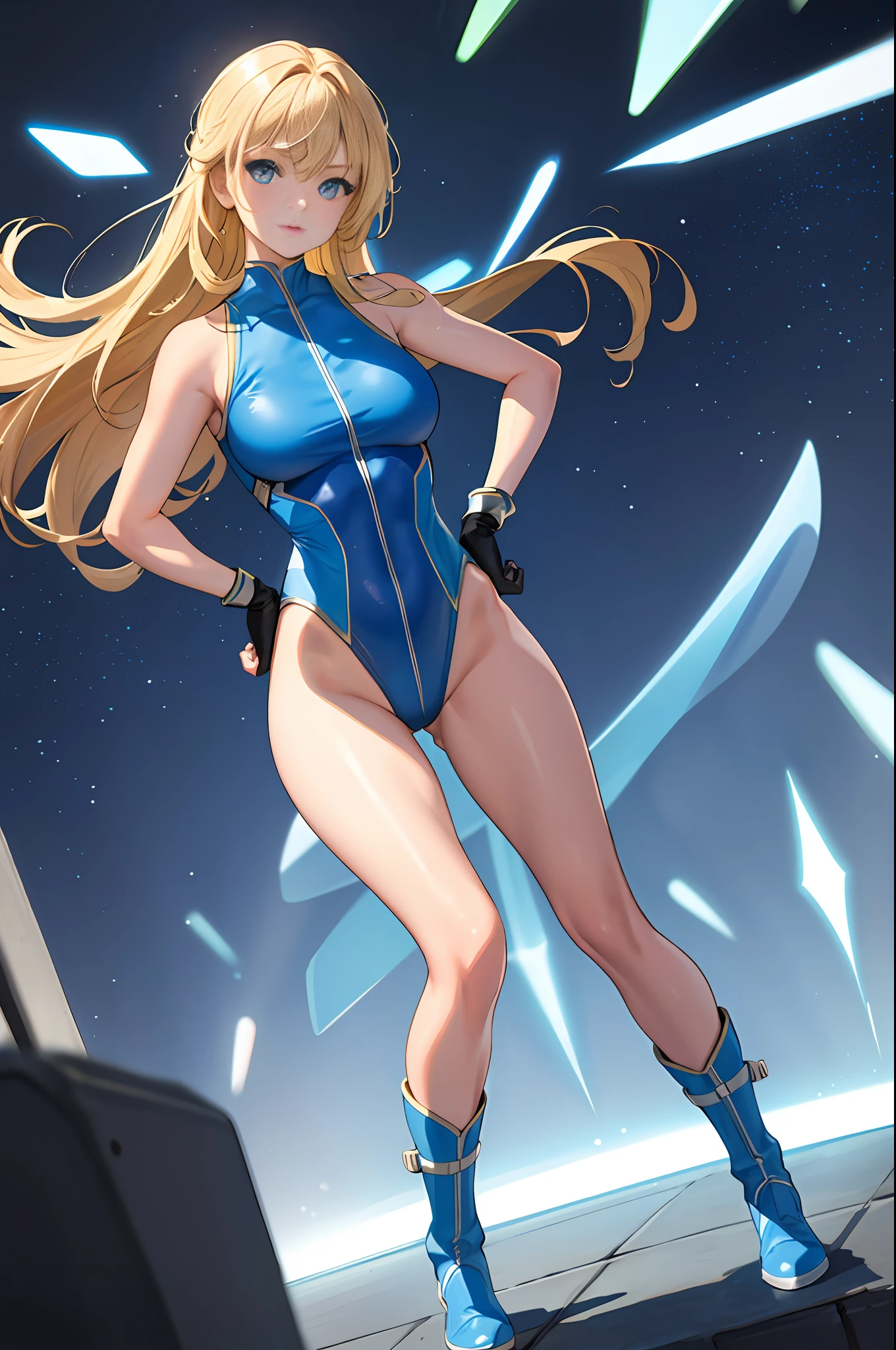 masterpiece, best quality, highres, 1girl, solo, superhero, leotard, bare legs, boots, matching boots, aura, blue aura, sleeveless, gloves, bracelets, matching gloves, looking at viewer, light particles, city backdrop, perfect hands, perfect eyes, powering up, perfect leotard, perfect legs, perfect arms, perfect fingers, blue and white leotard, blonde hair, blue eyes, medium breasts, long hair, standing, hands on hip, full body, heat vision,