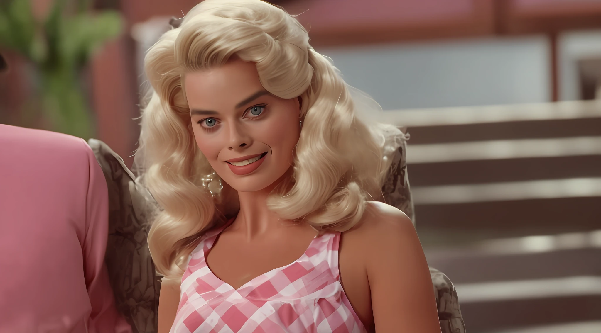 vintage 80s movie, Margot Robbie beautiful face, pretty face as barbie, Margot robbie on barbie character wearing a checkered dress pink and white, full body shot, cinematic footage, detailed, 75mm film, color, gritty, film stock, film still, detailed, image grain