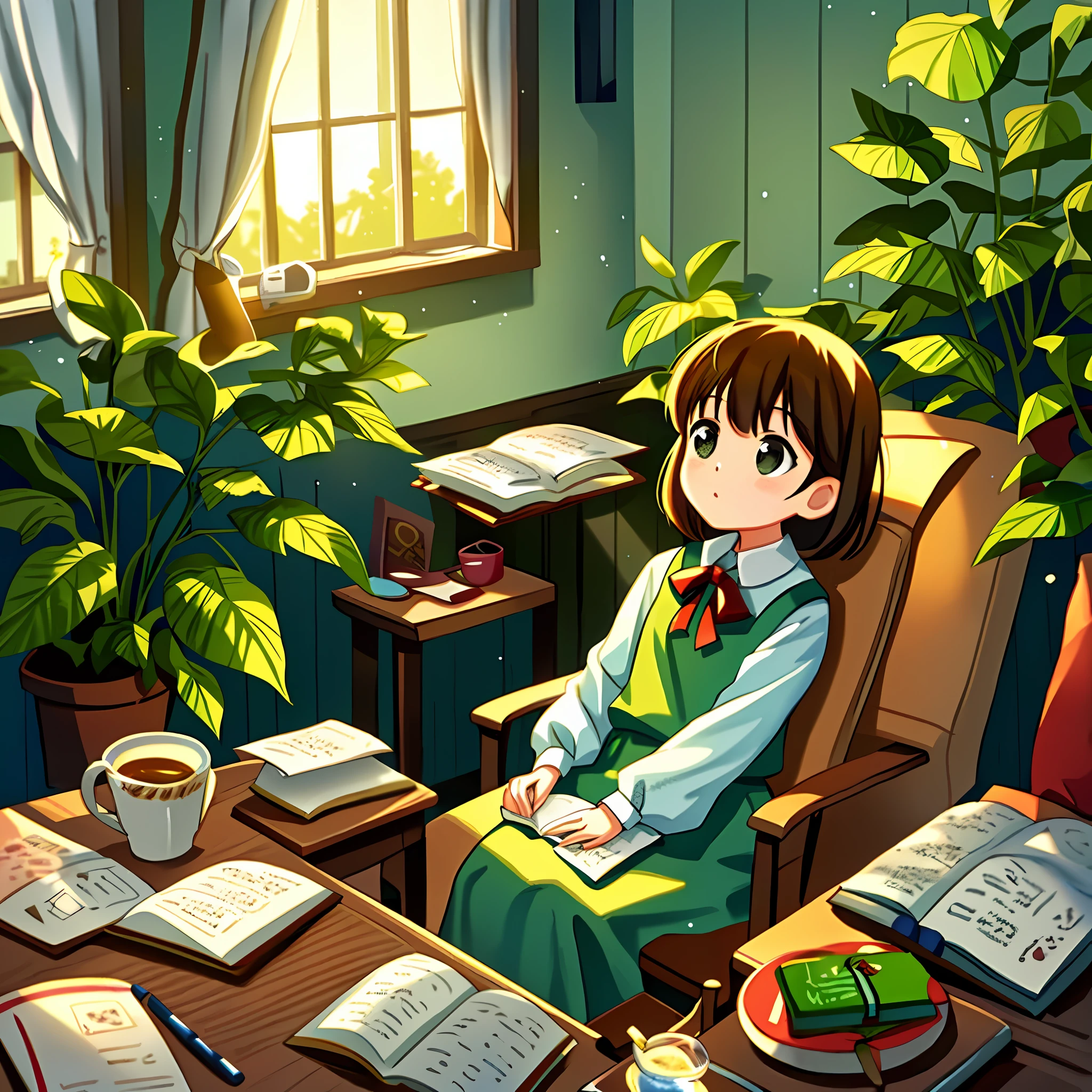 Scene of delicate girl sitting by window reading a book, warm, illustration, book, table, book, sunlight