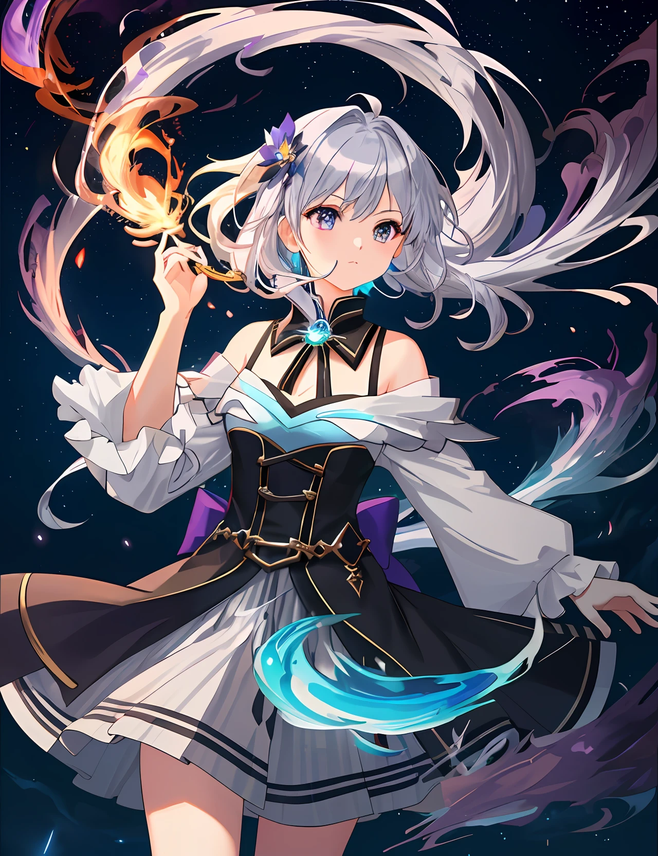 (extremely detailed CG unity 8k wallpaper, best quality, masterpiece, ultra-detailed), floating, (a girl guardian, multicolored eyes), dynamic and beautiful, (blue:1.3+green:1.3+purple+yellow:1.3+silver:1.3+red:1.2) hair, armor, weapon, enchanted, dark magic, (wide shot), (flames, swirling smoke, mystical aura), night scenery.
