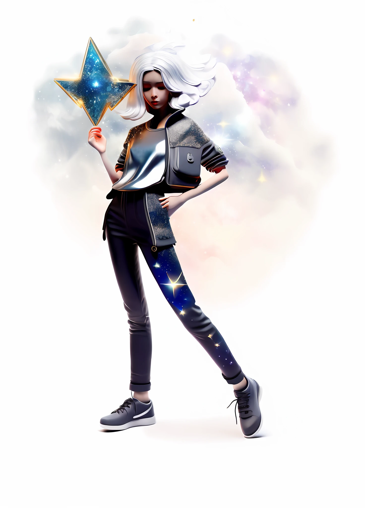 Complex, 3D, rendered very detailed, beautiful, 8k, best quality, masterpiece, illustration, very delicate and beautiful, (starry sky), cosmos as background, starry sky as background, floating, (cosmos), (beautiful woman: 1.5), (silver hair: 1.2), (young), slim figure, (brown skin: 1.1), holographic eyes