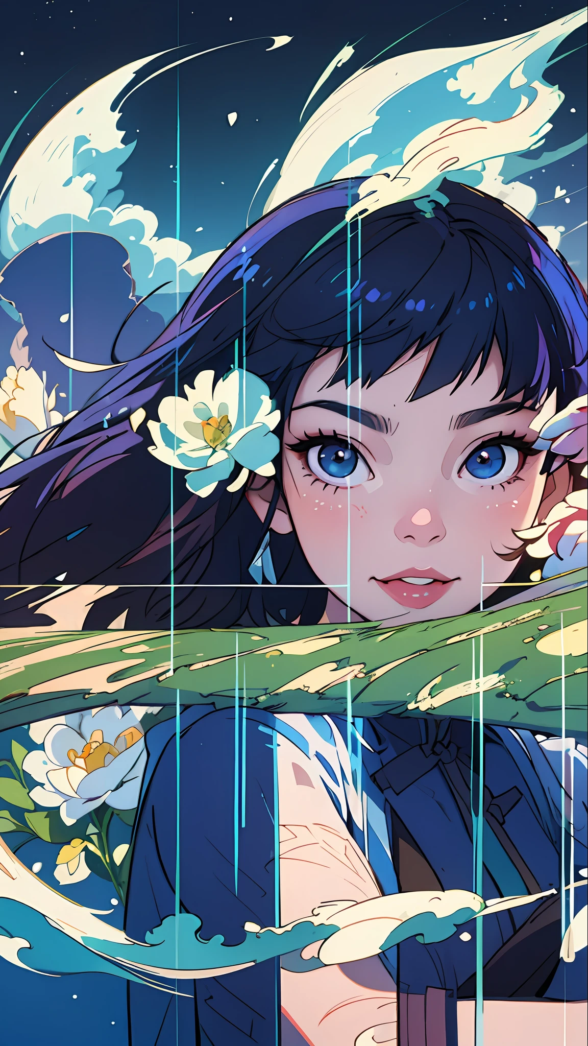 Make illustration poster, Chinese illustration, flat illustration, Asian, woman smile, clear facial features, smile happiness on face, outdoors, sunny, gradient blue and purple sky and white clouds, flowers and green plants in foreground, colorful, highly saturated, contour light, warm and bright, colorful, HD 8K, colored light particles, heterochromatic, (color: 1.5) , --v6