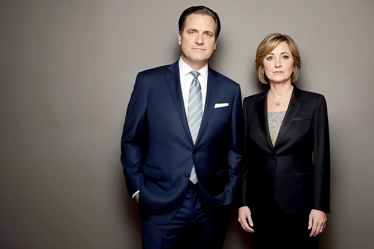 A middle-aged man and a middle-aged woman, short male hair and long female hair, both wearing suits, two people talking, the background is the office