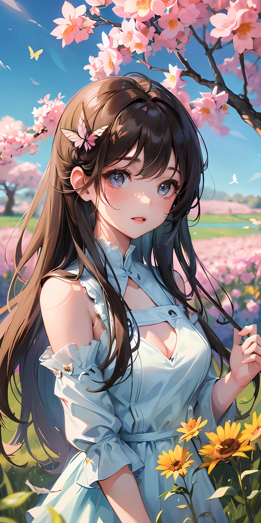 High Detail, Ultra Detail, Ultra High Resolution A cute and innocent girl is enjoying her time in an open field, surrounded by the beauty of nature, with the warm sun shining on her and wild flowers swaying gently in the breeze. Butterflies and birds flutter around her, adding to the playful atmosphere, --v6