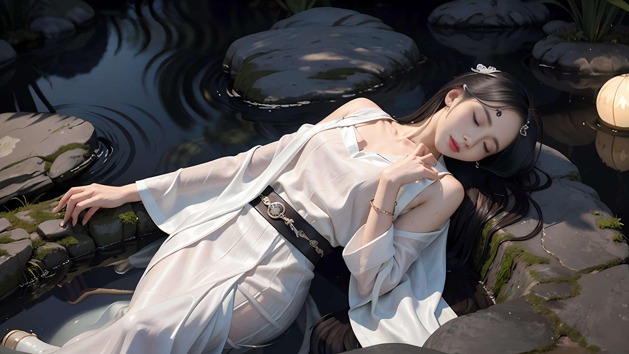 White gauze Hanfu, a woman, fair skin, pond, collarbone, eyes closed, half submerged in water, dark background, moonlight, hairpin, jade pendant, Hanfu, delicate face, hair accessories, ruddy lips, skirt, belt, Jewelry, long hair, earrings, Hanfu, best quality, silky hair, perfect body proportions, wet, slender legs, soaked in water, water submerged most of the body, poured into the water, (back: 1.5), flat lie down in the water,