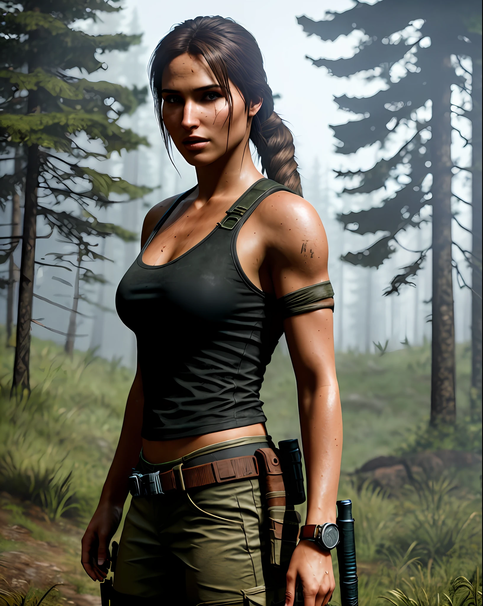 Lara Croft, 22, black Wastelander clothes, neckline, tiny body, hdr, (insane details, hyper realism: 1.2), (insane skin detail), full body, blonde locks, forest in the background, night with fog(photorealistic skin: 1.4), cinematic lighting, (rim lighting: 1.3 ), color grading, focused, outdoor (high skin detail: 1.2), pores, sweaty skin, Fujifilm XT3, color correction, movie style