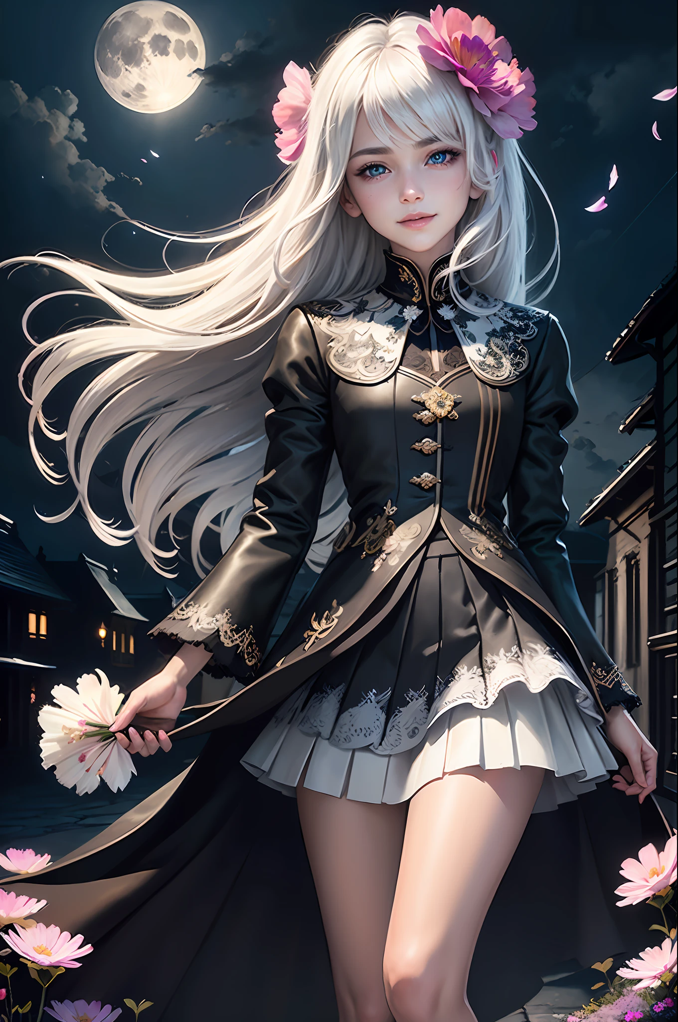masterpiece, best quality,
1boy, (colorful),(finely detailed beautiful eyes and detailed face),cinematic lighting, extremely detailed CG unity 8k wallpaper, white hair, solo, smile, intricate skirt,((flying petal)),(Flowery meadow)
sky, cloudy_sky, building, moonlight, moon, night, (dark theme:1.3), light, fantasy,