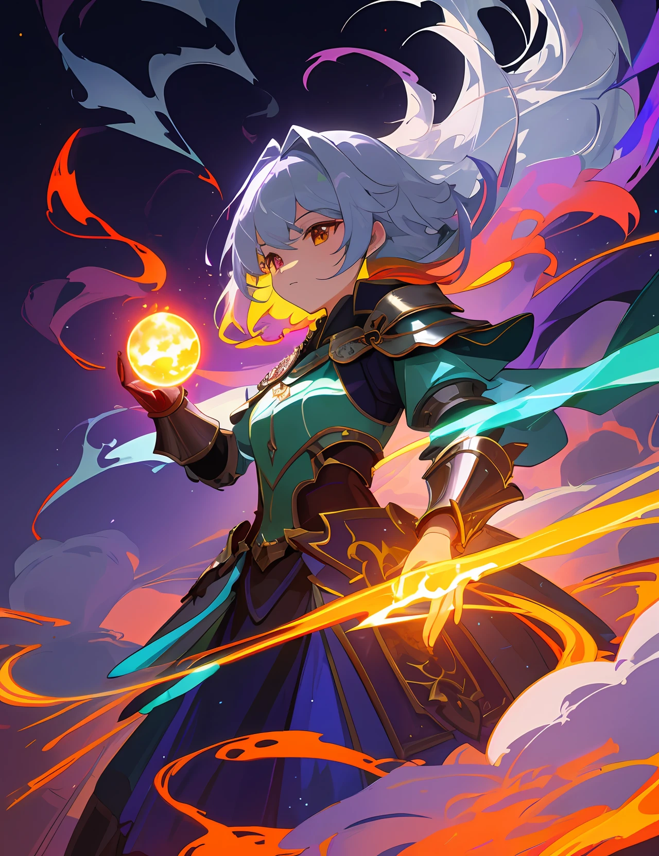 (extremely detailed CG unity 8k wallpaper, best quality, masterpiece, ultra-detailed), floating, (a girl guardian, multicolored eyes), dynamic and beautiful, (blue:1.3+green:1.3+purple+yellow:1.3+silver:1.3+red:1.2) hair, armor, weapon, enchanted, dark magic, (wide shot), (flames, swirling smoke, mystical aura), night scenery.