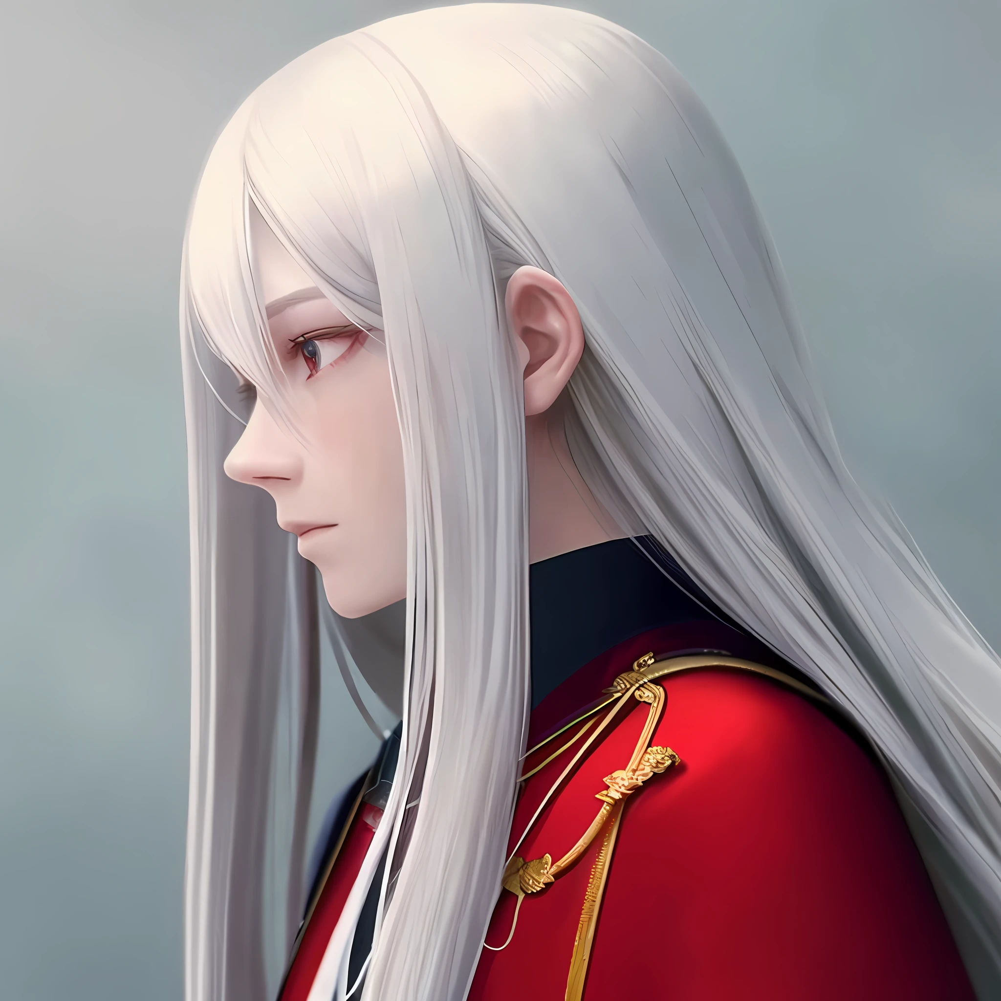 masterpiece, best quality, 1person, solo, long hair, looking at viewer, long white hair, red strands, red eyes, upturned sanpaku eyes, hair between eyes, upper body, split lips, side, skin trim, profile, capelet, white clothes