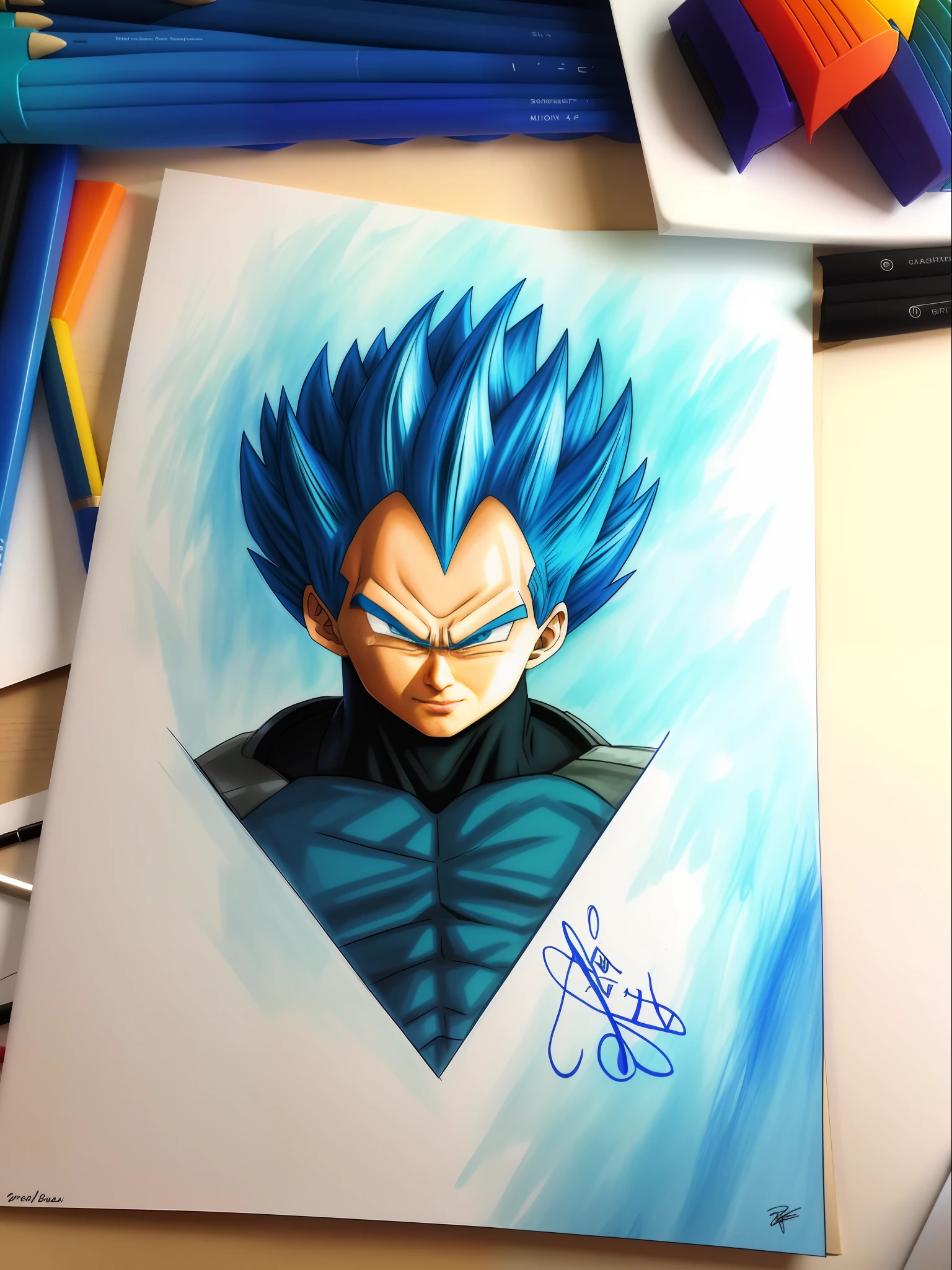 a closeup of a drawing of a blue haired Vegeta, high quality colored sketch, vegeta, with vegeta head hair, super saiyan blue, an anime drawing, Vegeta portrait, high quality fanart, inspired by Toriyama Sekien, dragonball character, dragon ball vegeta, anime drawing, highly detailed portrait of Vegeta, colorful drawing,  Prince Vegeta.