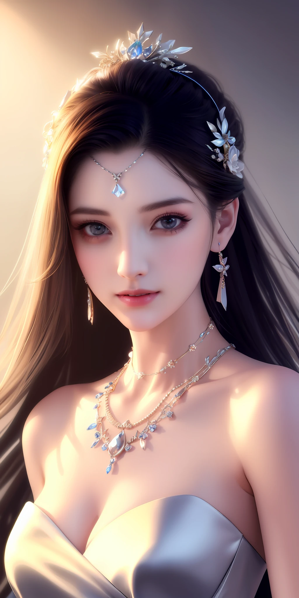 Best quality, masterpiece, high resolution, 1girl, clear silk porcelain dress, beautiful face, hair accessories, looking at the audience, smiling, close your mouth, lips, dress, hair accessories, necklaces, jewelry, long hair, earrings, beautiful face, on the body, Tindal effect, realism, dark studio, edge lighting, two-tone lighting, (high detail skin: 1.2), 8k UHD, DSLR, soft light, high quality, volumetric lighting, photo, high resolution 4K, 8k, blurred background