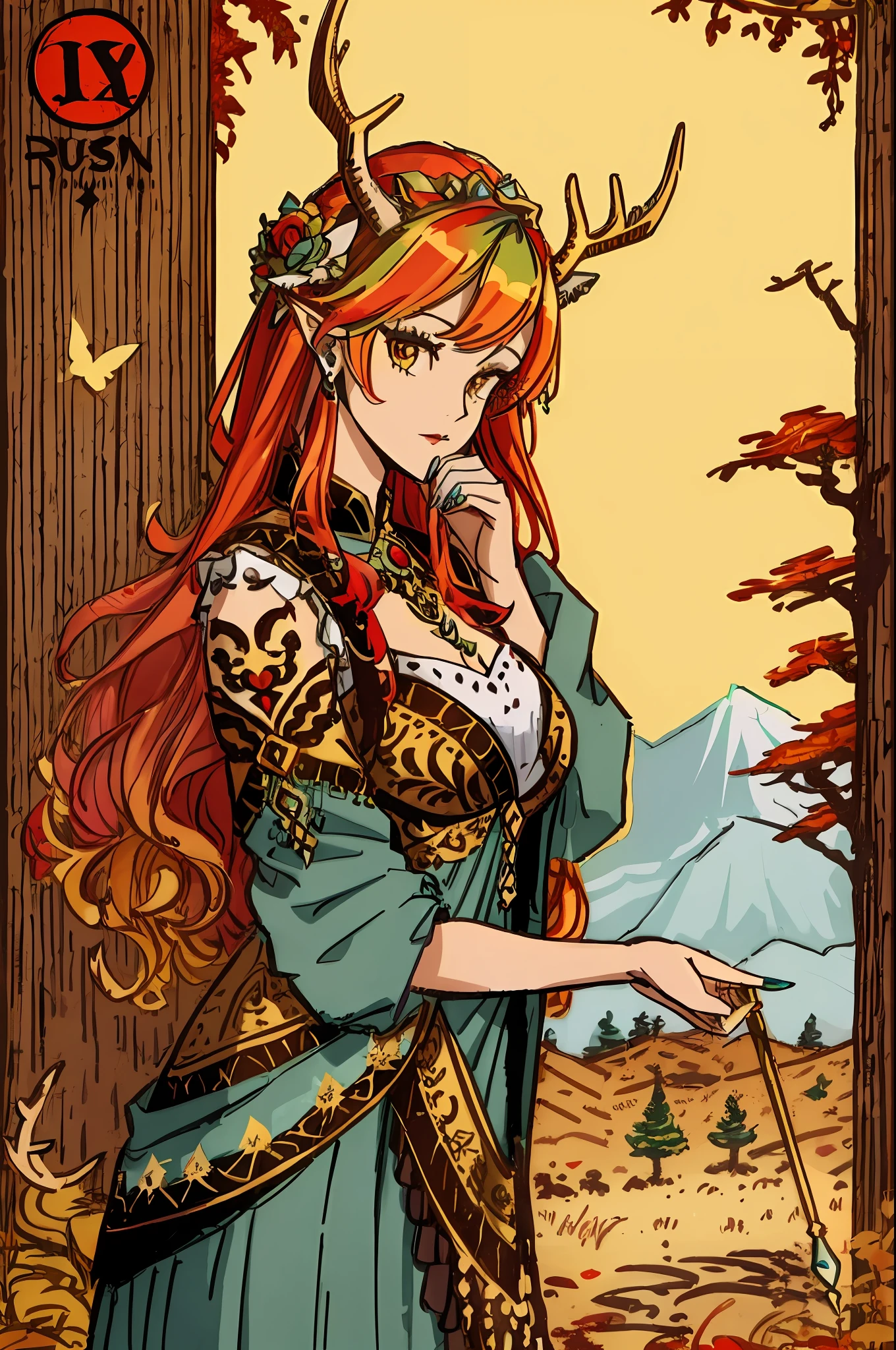 a drawing of a woman with a deer head and horns, girl design lush horns, colored illustration for tattoo, neotraditional tattoos, tattoo design, beautiful artwork, a beautiful artwork illustration, queen of the forest, stunning artwork, colored drawing, artistic illustration, concept tattoo design, autumnal empress, by Galen Dara, beautiful drawing style, in style of digital illustration