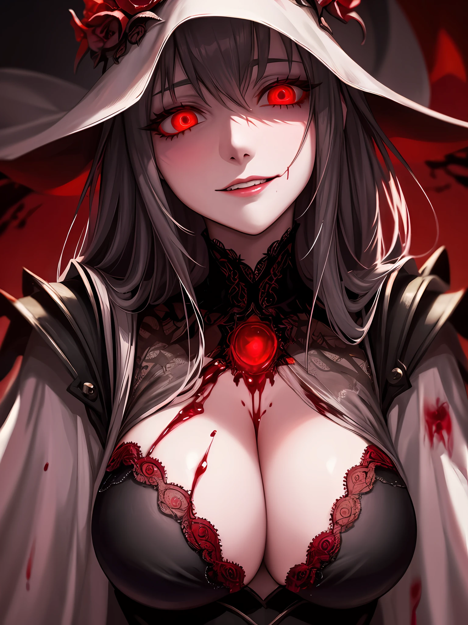 1lady , night hunter, glowing red eyes, night, creepy smile, scary, close up
hard lighting, best quality, intricate, highly detailed, masterpiece, cleavage, big breasts, blood, blood on breasts, blood on mouth, blood dripping between breasts