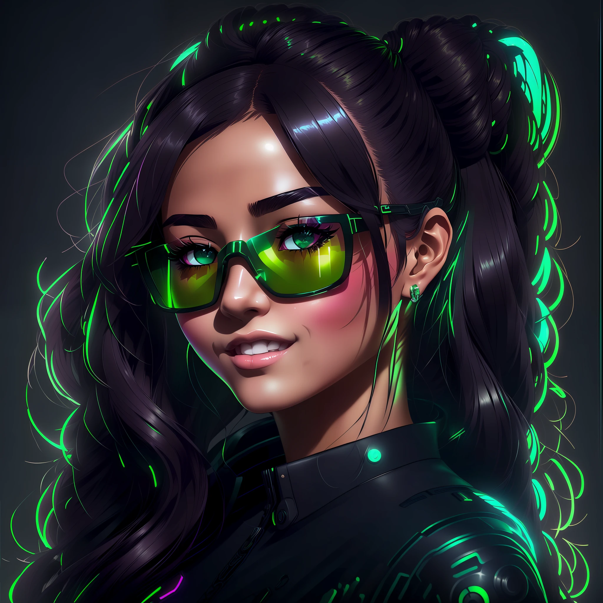 painting of an anime woman with green sunglasses and a ponytail, glowwave girl portrait, epic portrait illustration, detailed character portrait, the cyberpunk girl portrait, commission for high res, in style of digital illustration, rossdraws portrait, character art portrait, in the art style of bowater, epic digital art illustration, style digital painting, anime style portrait, digital fantasy portrait