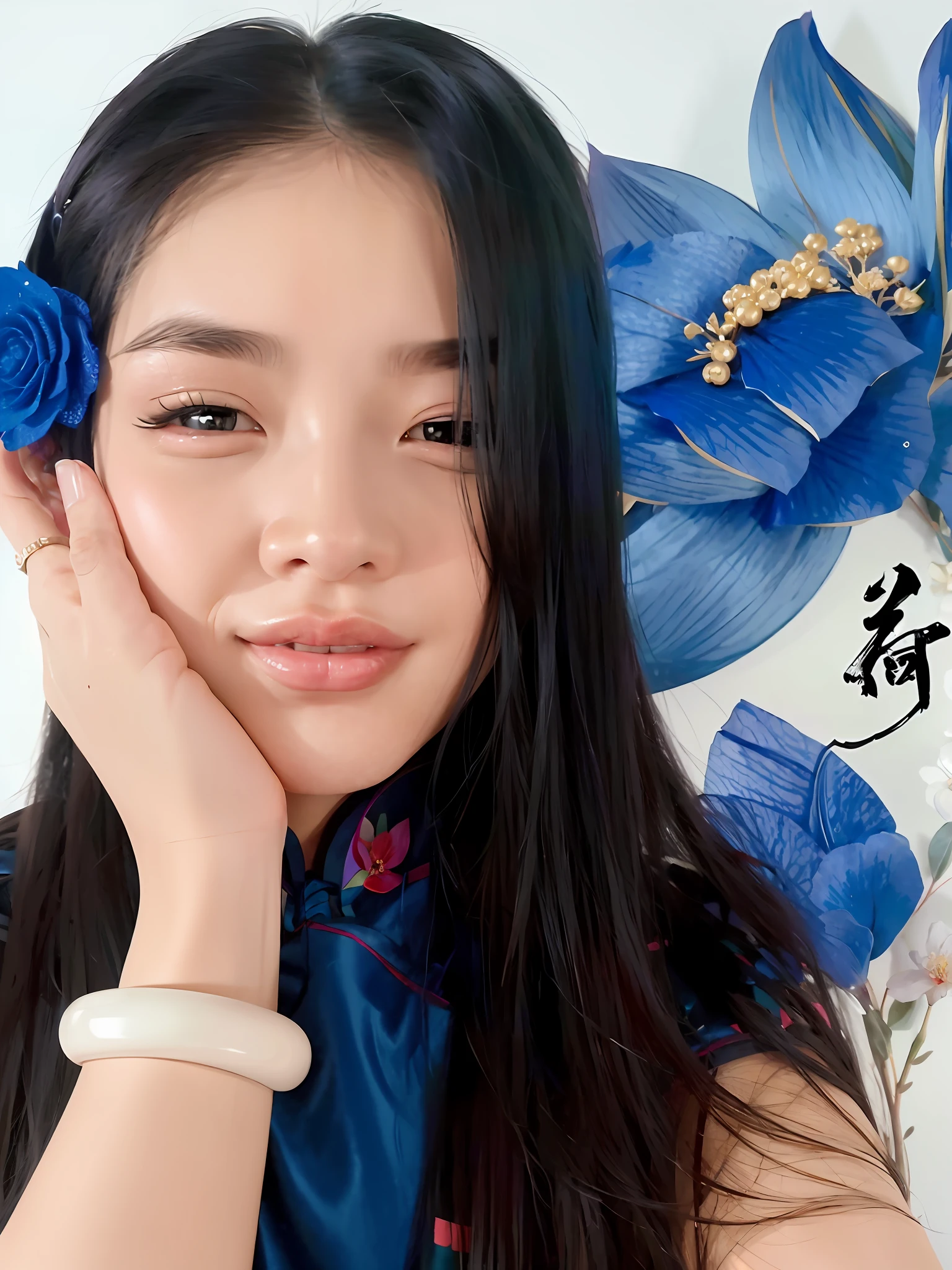 arafed woman with long black hair and blue flower in her hair, 中 元 节, inspired by Huang Ji, inspired by Mei Qing, inspired by Pu Hua, inspired by Xie Sun, inspired by Hua Yan, inspired by Tang Yifen, inspired by Li Fangying, inspired by Xu Xi, inspired by Zhang Yan, inspired by Leng Mei